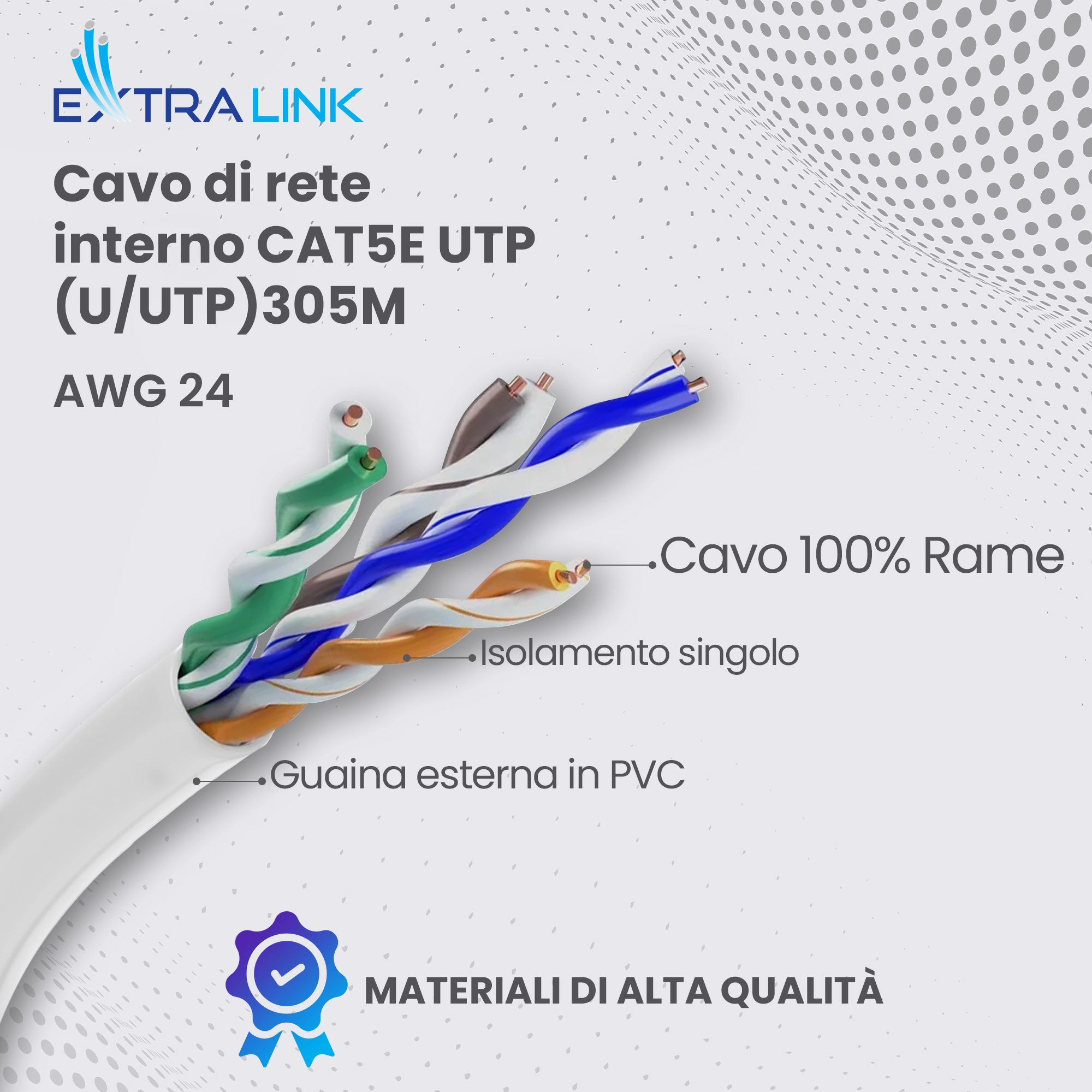 Cavo di rete Extralink CAT5E UTP (U-UTP) con trefoli visibili, doppini colorati e certificazione di qualit&agrave;