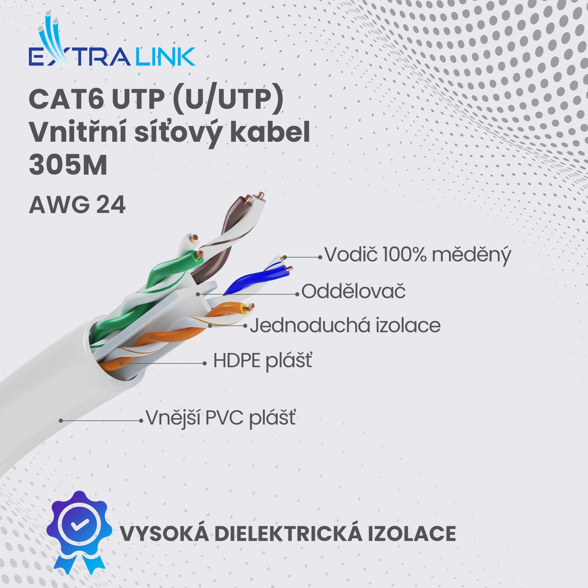 Síťový kabel Extralink CAT6 UTP (U-UTP) s viditelným vláknem, barevnými kroucenými páry a certifikací kvality