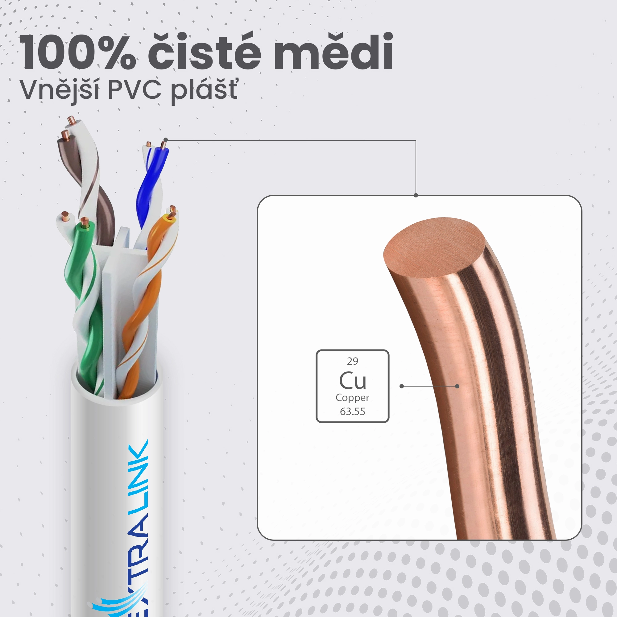 Kabel Extralink CAT6 UTP s viditelnými kroucenými páry a zvětšením na měděném vodiči s označením Cu (Copper)
