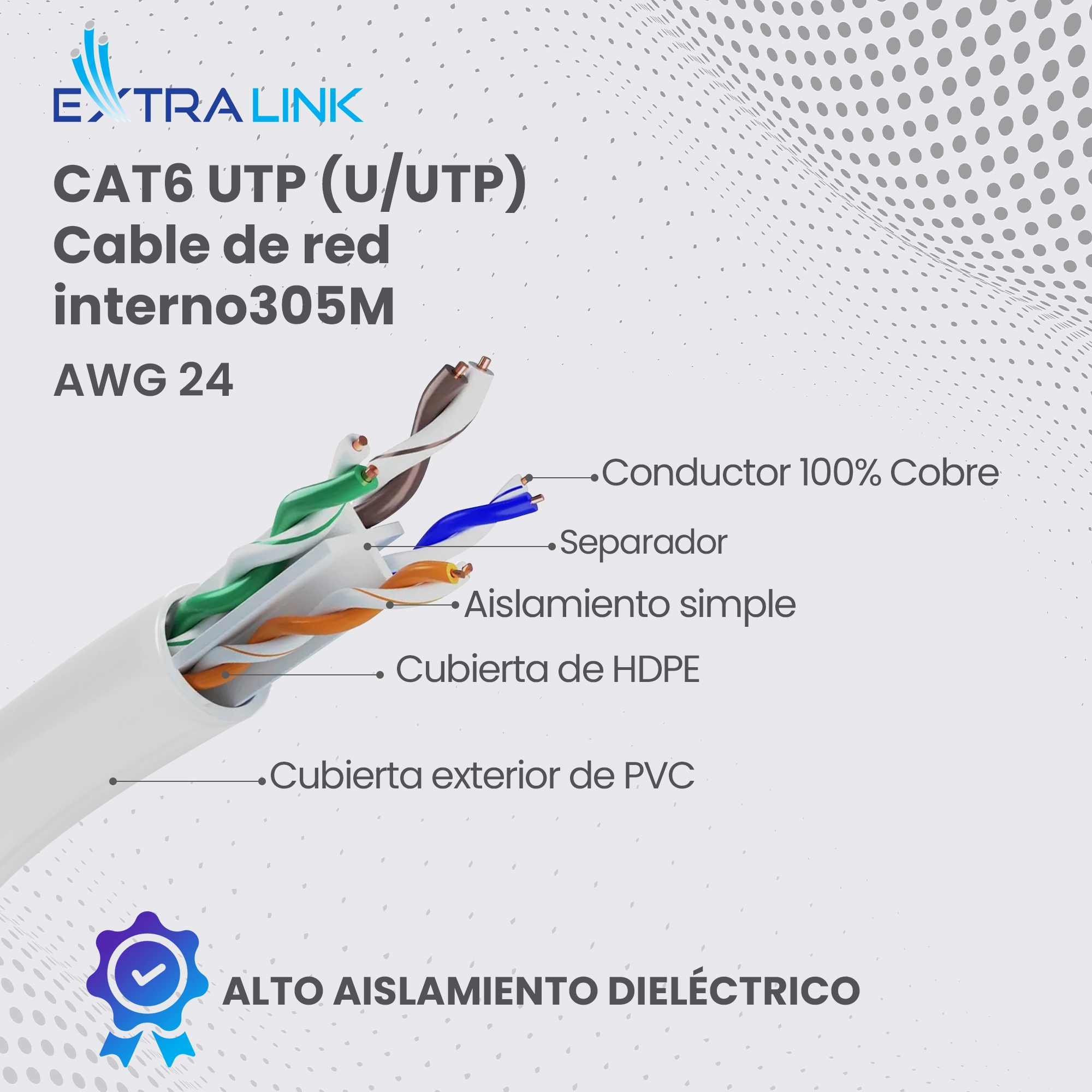 Cable de red Extralink CAT6 UTP (U-UTP) con pares trenzados visibles de colores y certificación de calidad