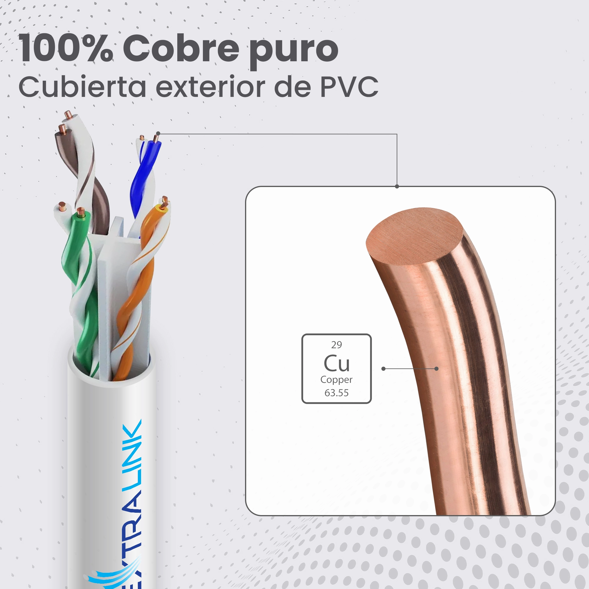Cable UTP Extralink CAT6 con pares trenzados visibles y aumento sobre conductor de cobre con marcado Cu (Cobre)