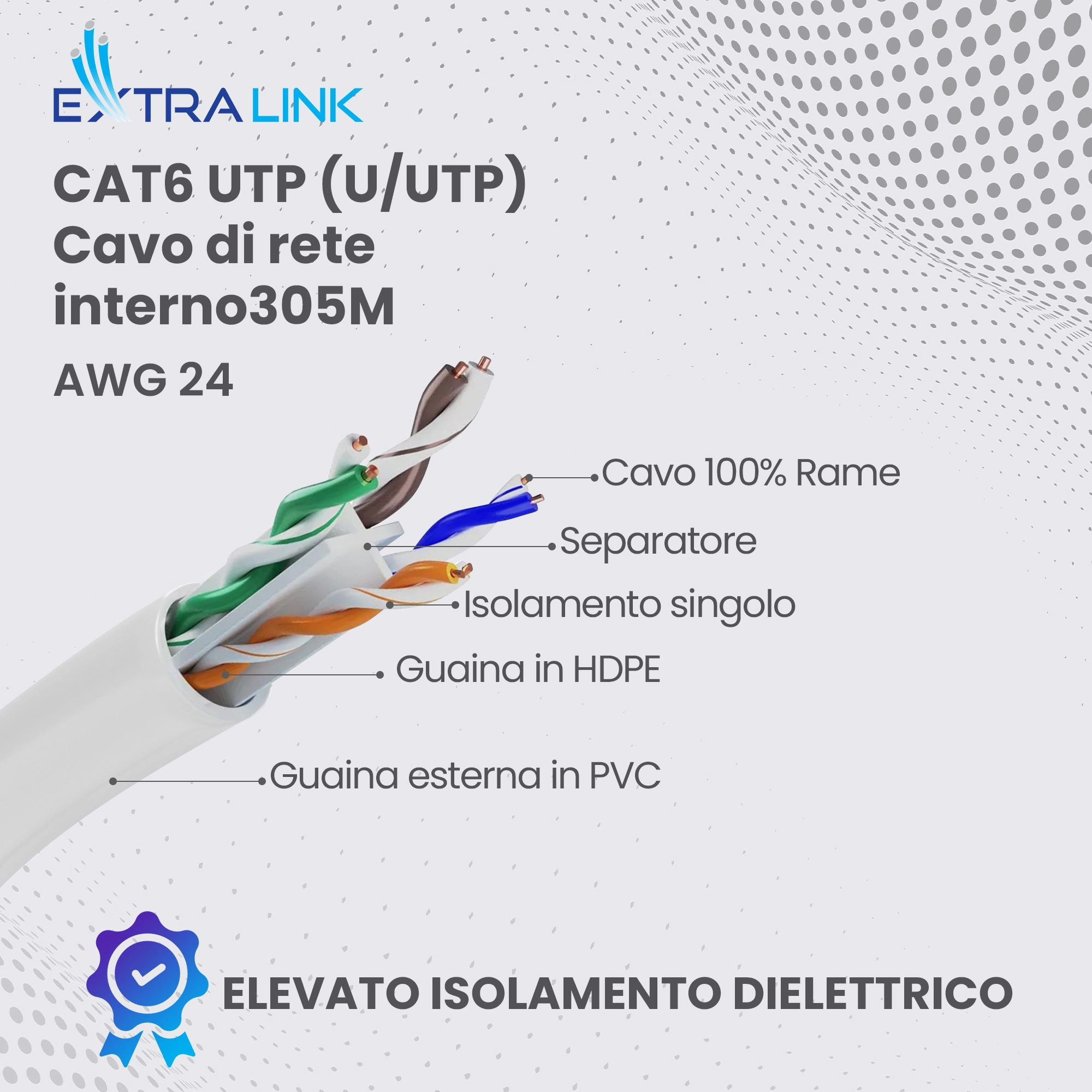 Cavo di rete Extralink CAT6 UTP (U-UTP) con trefoli visibili, doppini colorati e certificazione di qualit&agrave;