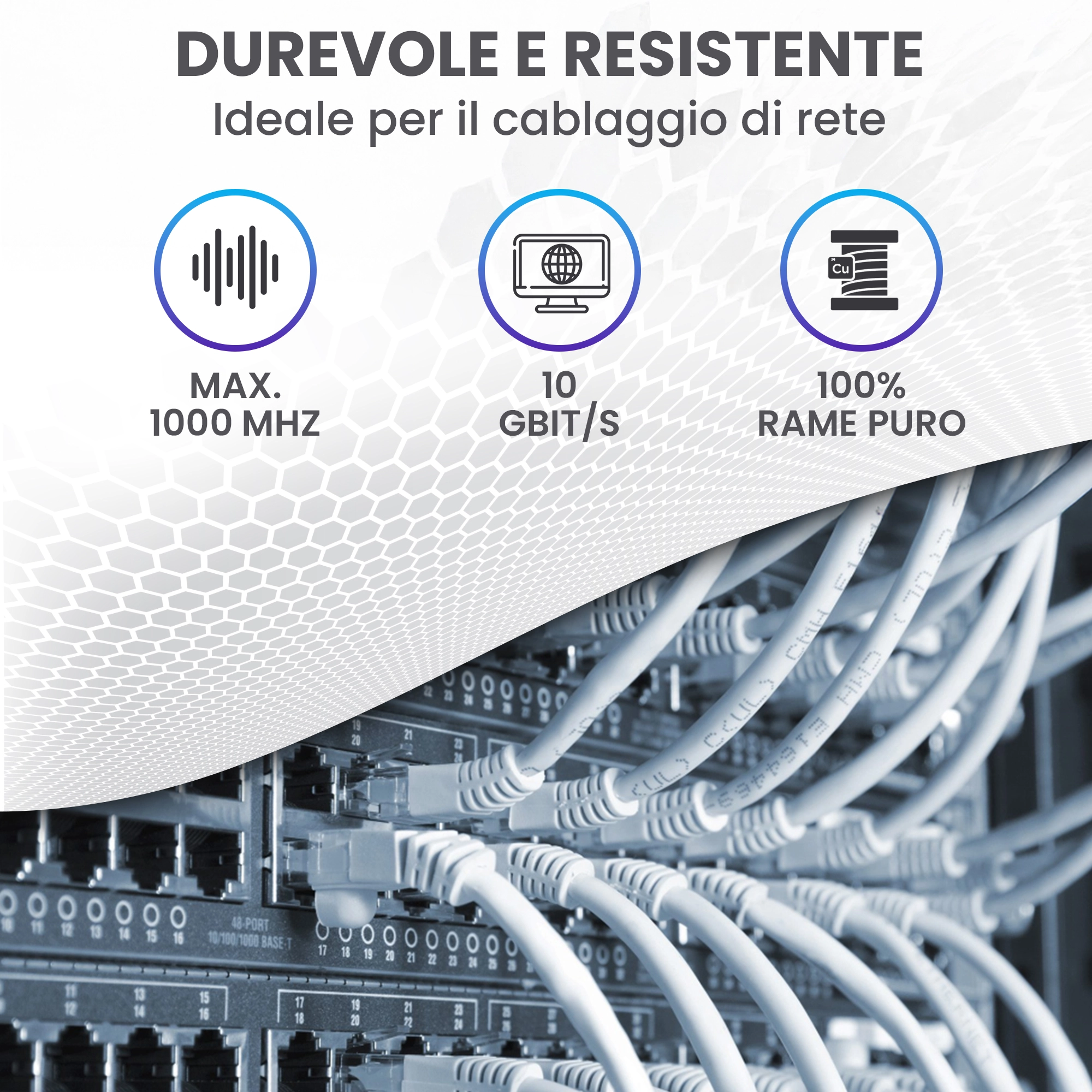 Testo alternativo: cavi patch collegati allo switch con icone che mostrano i parametri: Max. 1000 MHz, 10 Gbit/s, 100% rame (Cu)