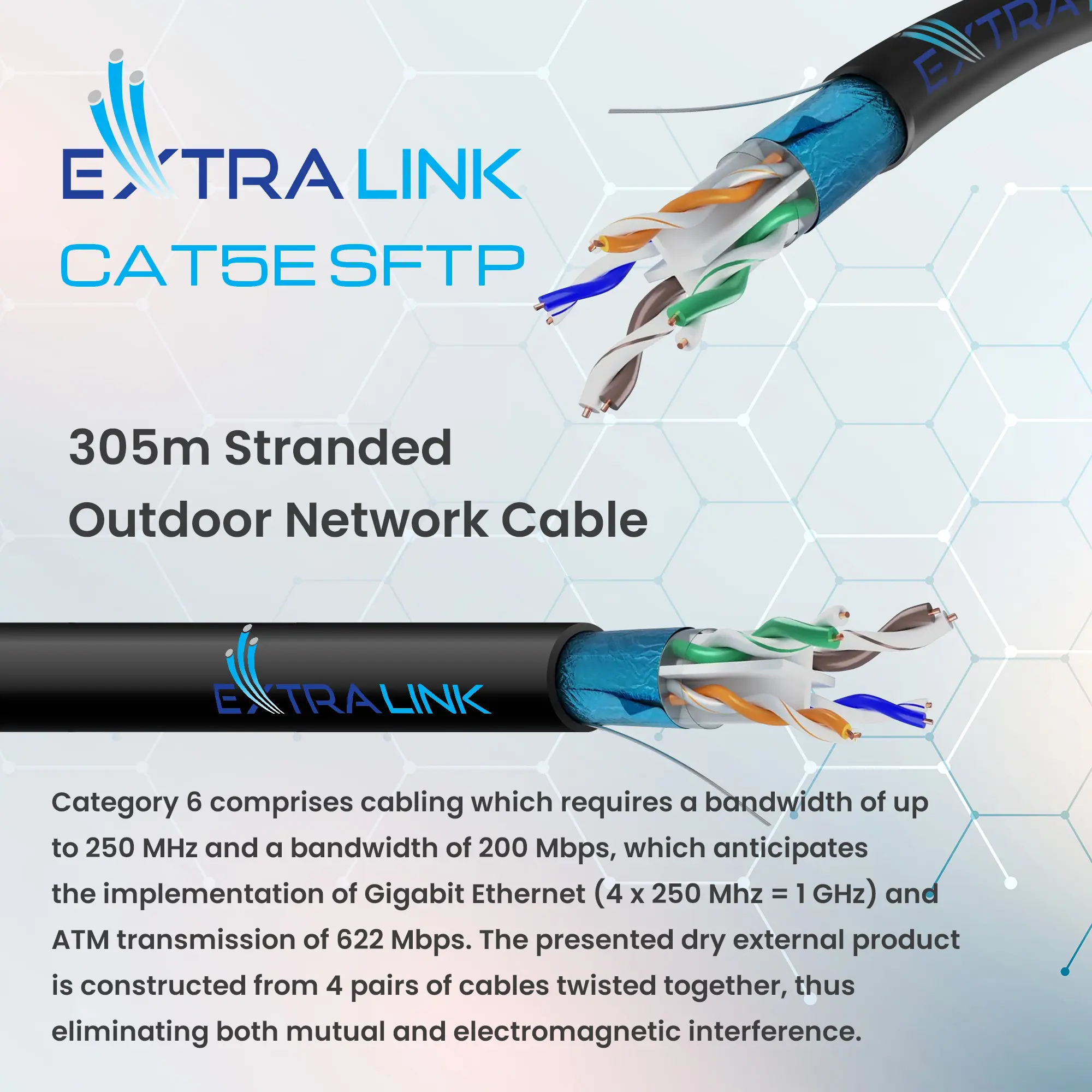 EXTRALINK CAT6 FTP (F / UTP) V2 DIŞ BÜKÜMLÜ ÇİFT 305M