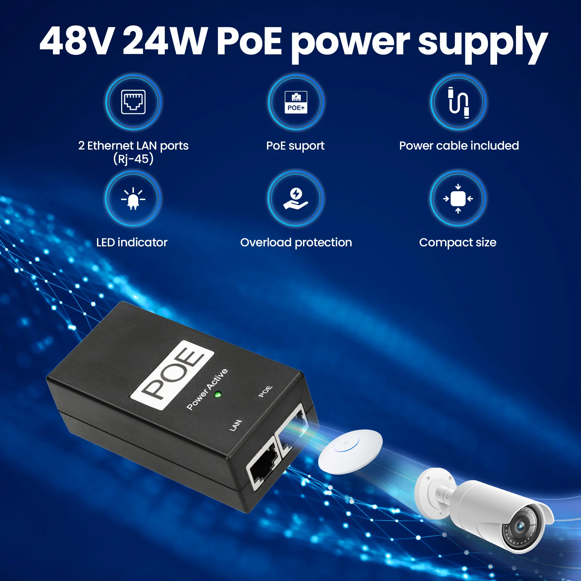 EXTRALINK POE-48-24W 48V 24W 0,5A NAPÁJECÍ ADAPTÉR SE STŘÍDAVÝM KABELEM