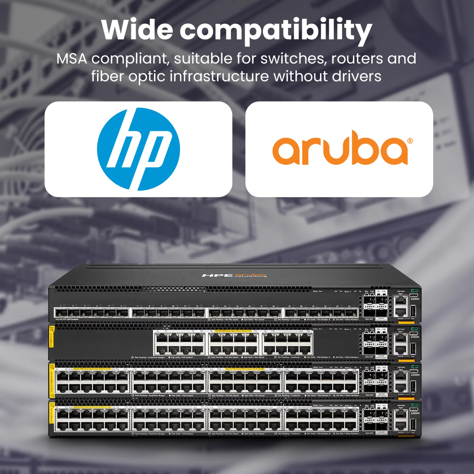 logotypy popularnych marek sprzętu sieciowego (m.in. HP i Aruba) i cztery przełączniki sieciowe na dole