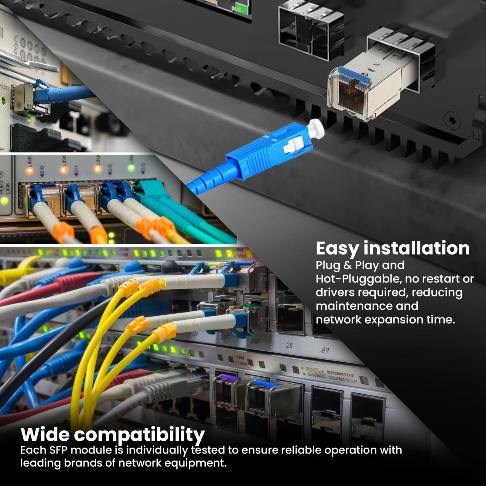 Kolaż zdjęć serwerowni/szafy rack z wieloma podłączonymi kablami i przełącznikami i modułami sfp extralink