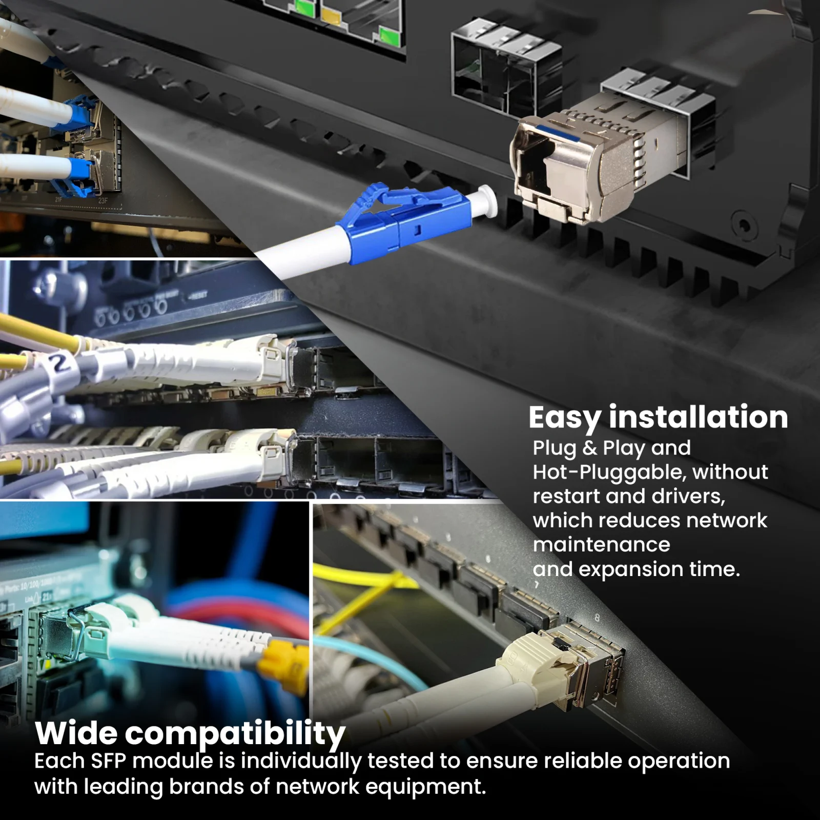 Kolaż zdjęć serwerowni/szafy rack z wieloma podłączonymi kablami i przełącznikami i modułami sfp extralink