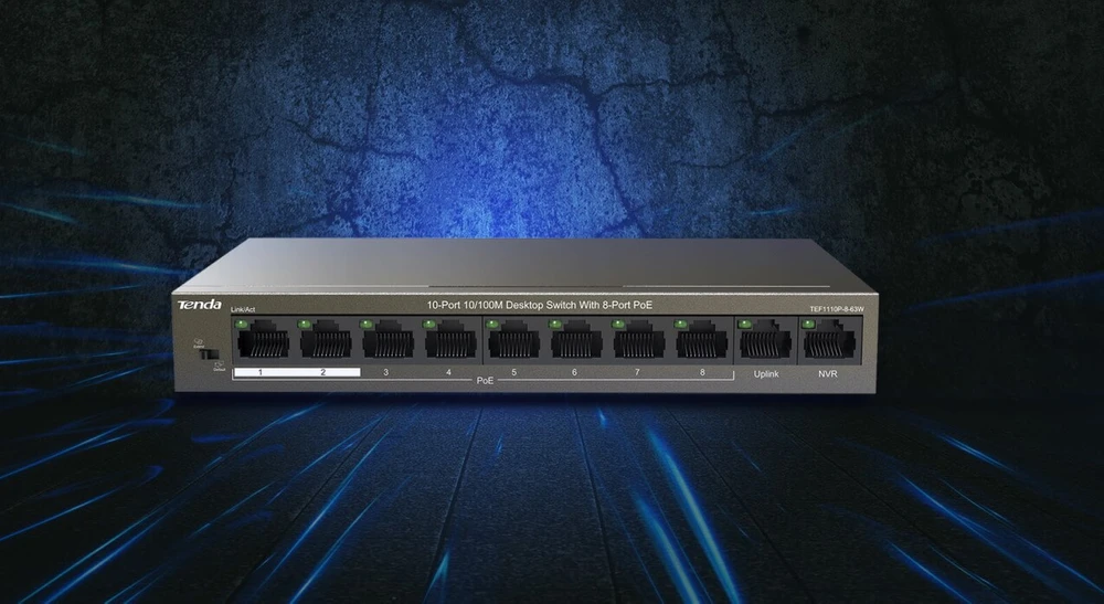 TENDA TEF1110P-8-63W FAST ETHERNET POE SWITCH, 8X 10/100MBPS POE PORTS, 2X 10/100MBPS UPLINK PORT, MAX 58W