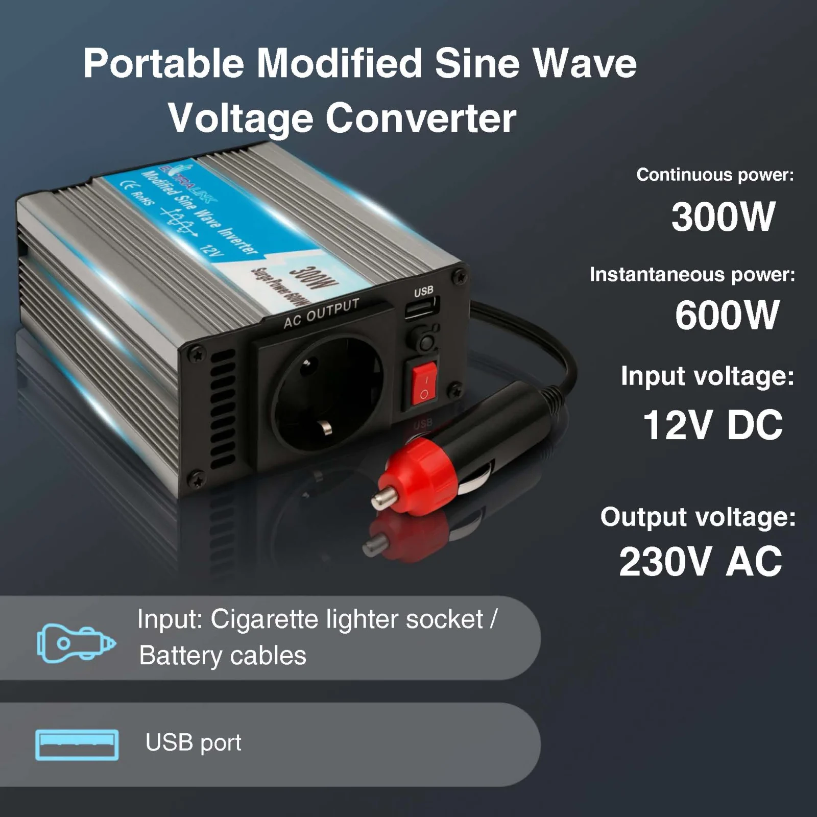 EXTRALINK CAR VOLTAGE CONVERTER 12V - 230V, 300W, MODIFIED SINE OPIM-300W