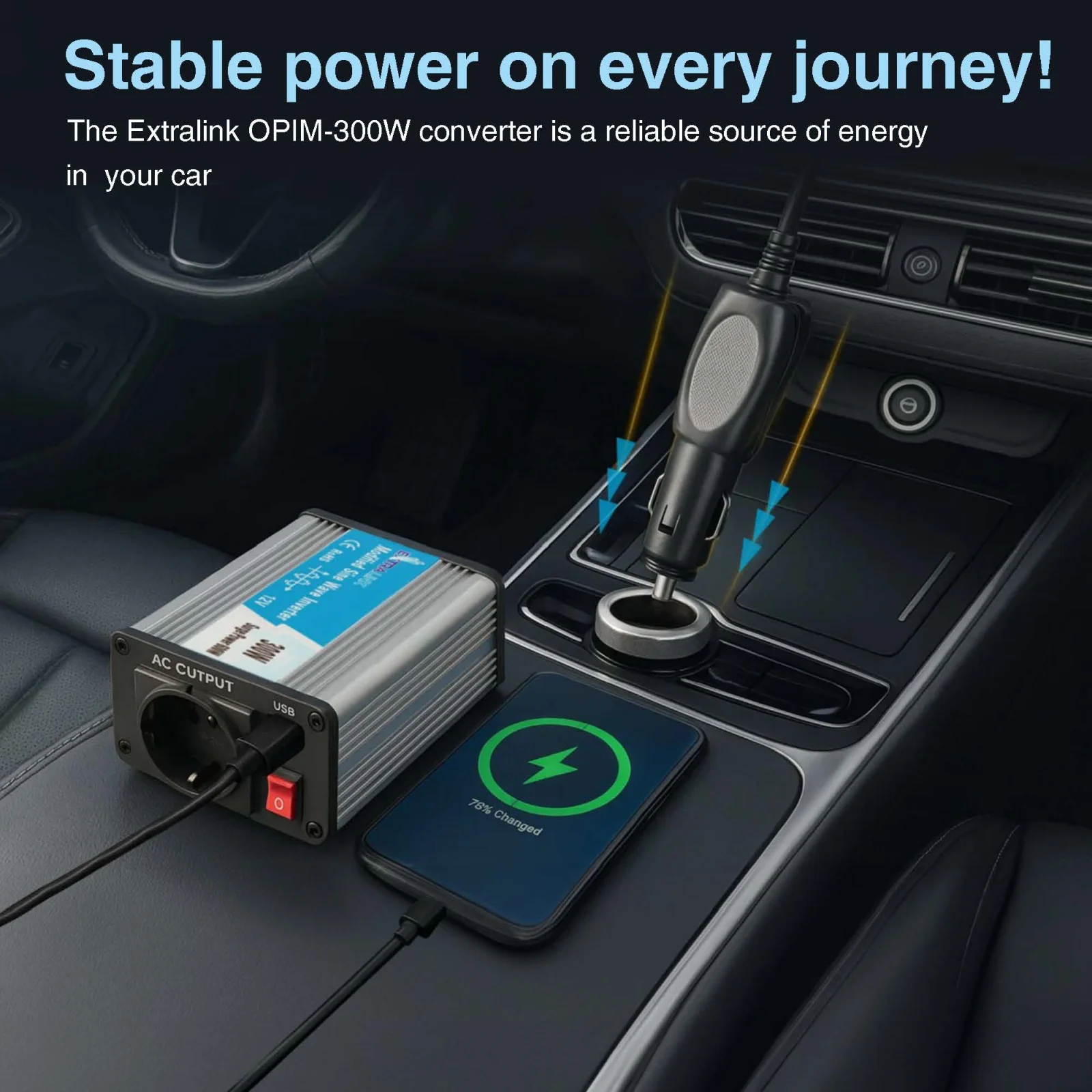 EXTRALINK CAR VOLTAGE CONVERTER 12V - 230V, 300W, MODIFIED SINE OPIM-300W