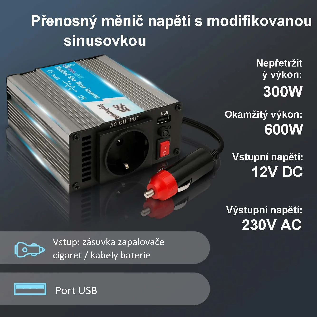 EXTRALINK MĚNIČ NAPĚTÍ DO AUTA 12V - 230V, 300W, MODIFIKOVANÁ SINUSOVKA OPIM-300W
