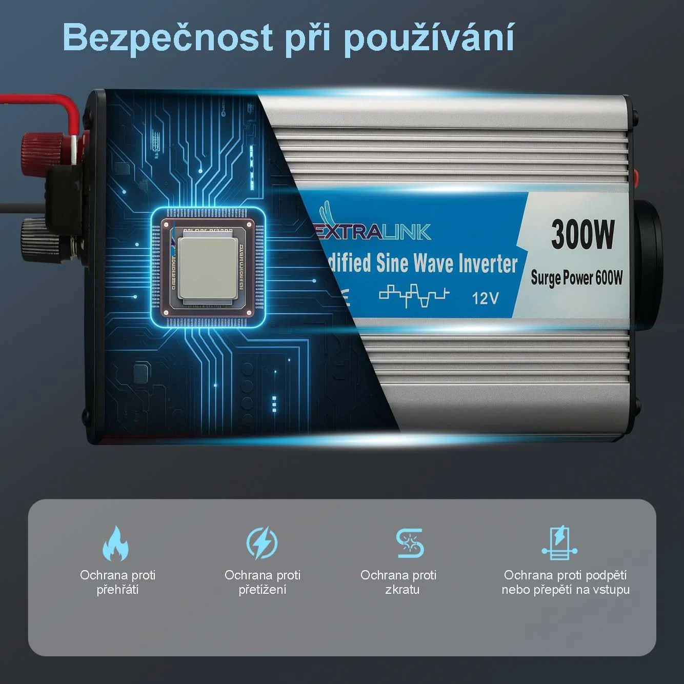 EXTRALINK MĚNIČ NAPĚTÍ DO AUTA 12V - 230V, 300W, MODIFIKOVANÁ SINUSOVKA OPIM-300W