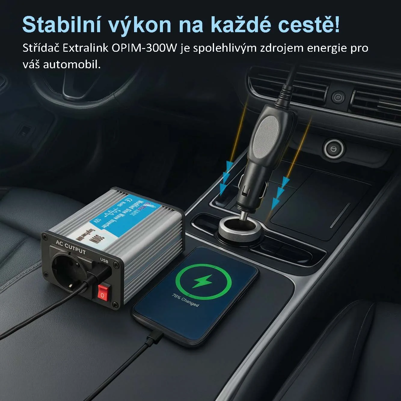 EXTRALINK MĚNIČ NAPĚTÍ DO AUTA 12V - 230V, 300W, MODIFIKOVANÁ SINUSOVKA OPIM-300W