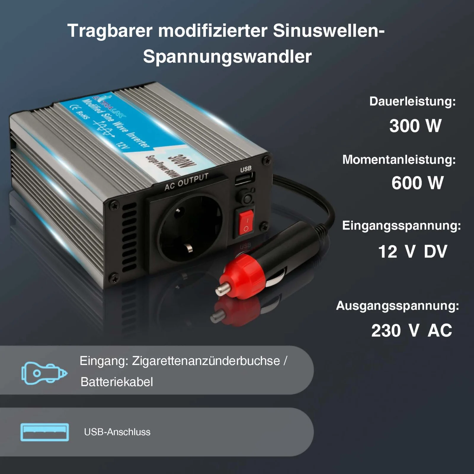 EXTRALINK AUTOSPANNUNGSWANDLER 12V - 230V, 300W, MODIFIZIERTER SINUS OPIM-300W