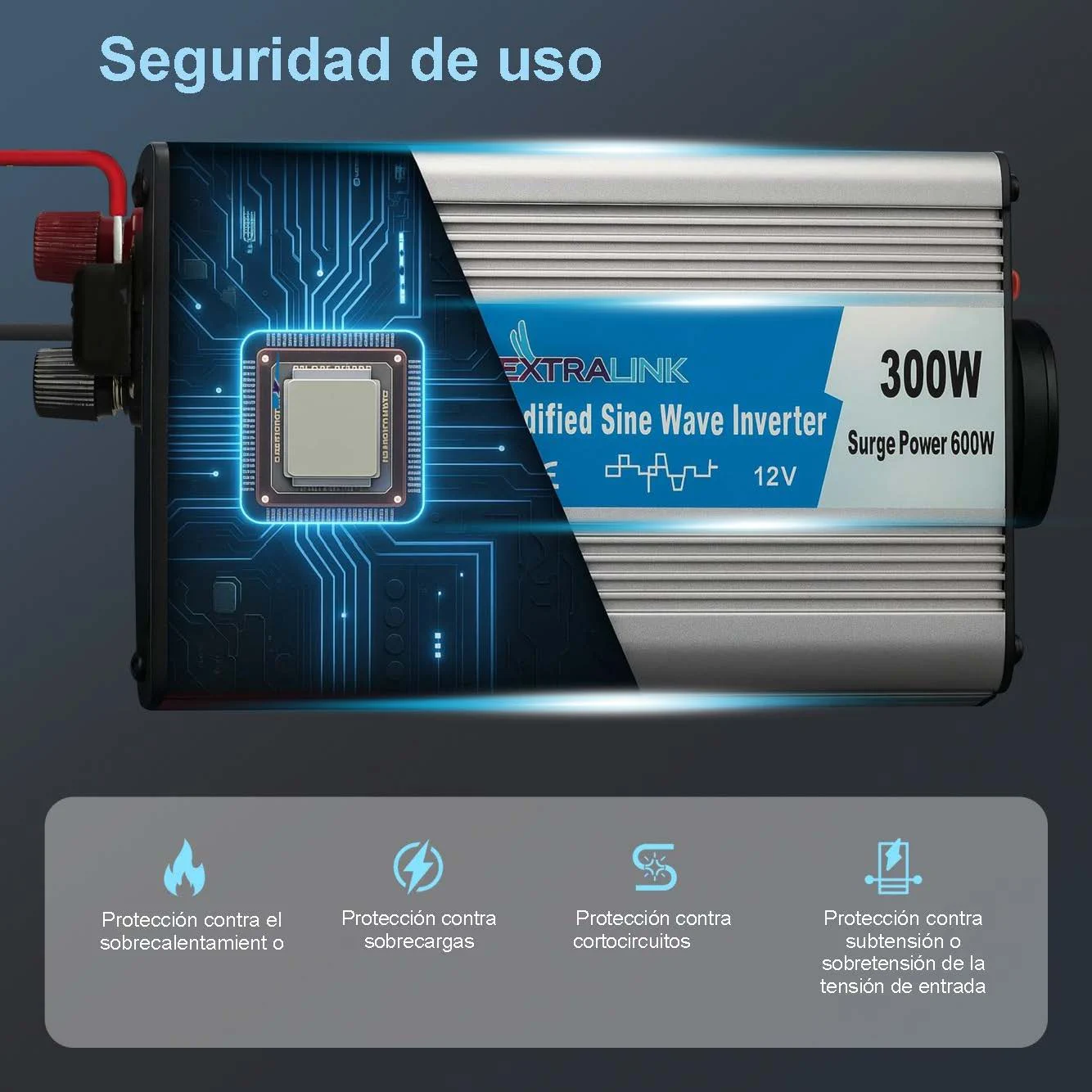 EXTRALINK CONVERTIDOR DE VOLTAJE PARA COCHE 12V - 230V, 300W, SINUSOIDAL MODIFICADO OPIM-300W