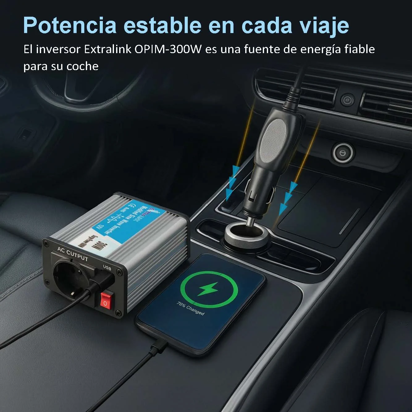EXTRALINK CONVERTIDOR DE VOLTAJE PARA COCHE 12V - 230V, 300W, SINUSOIDAL MODIFICADO OPIM-300W