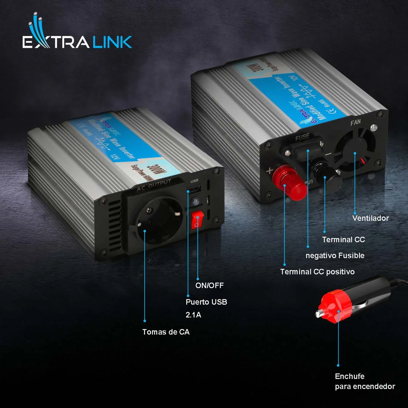 Extralink OPIM-300W | Convertidor de tensión | automoción 12V, 300W onda sinusoidal modificada