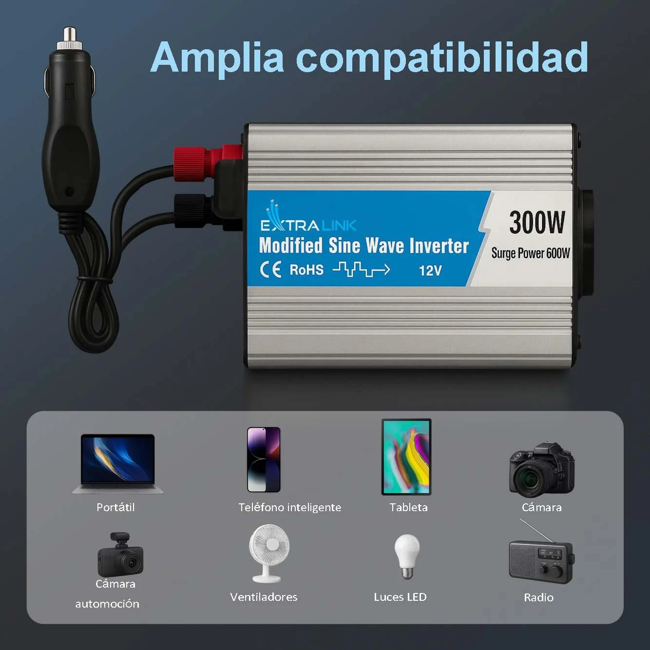 Extralink OPIM-300W | Convertidor de tensión | automoción 12V, 300W onda sinusoidal modificada