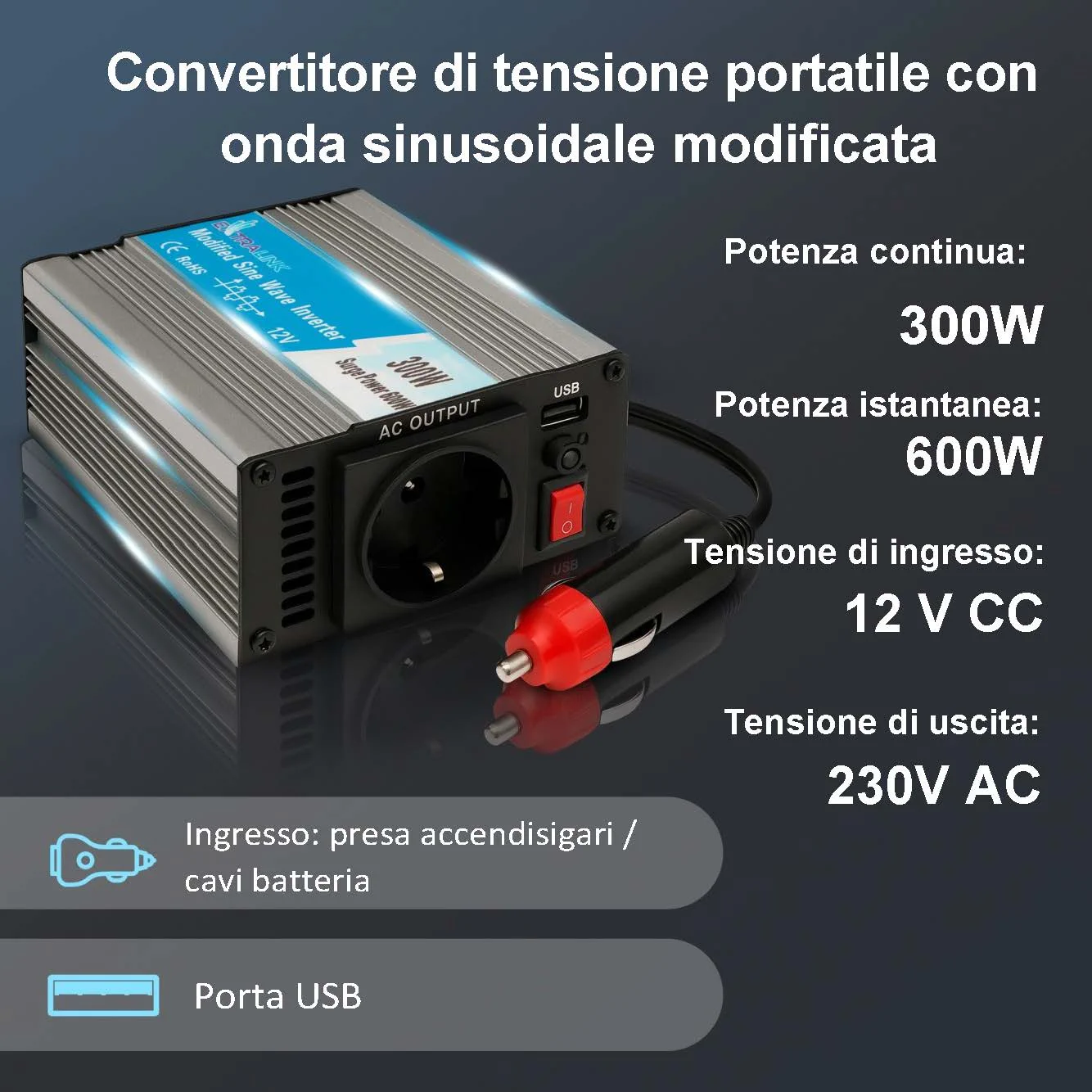 CONVERTITORE DI TENSIONE PER AUTO EXTRALINK 12V - 230V, 300W, SINUSOIDALE MODIFICATO OPIM-300W