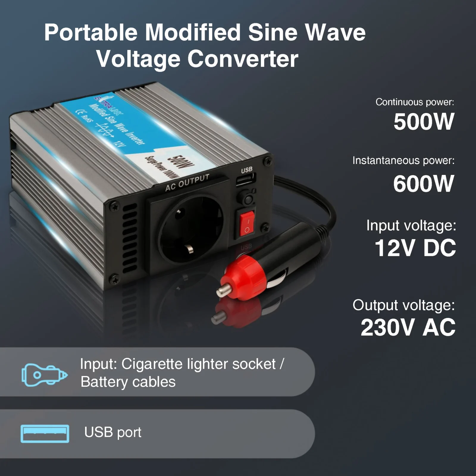 EXTRALINK CAR VOLTAGE CONVERTER 12V - 230V, 500W, MODIFIED SINE OPIM-500W