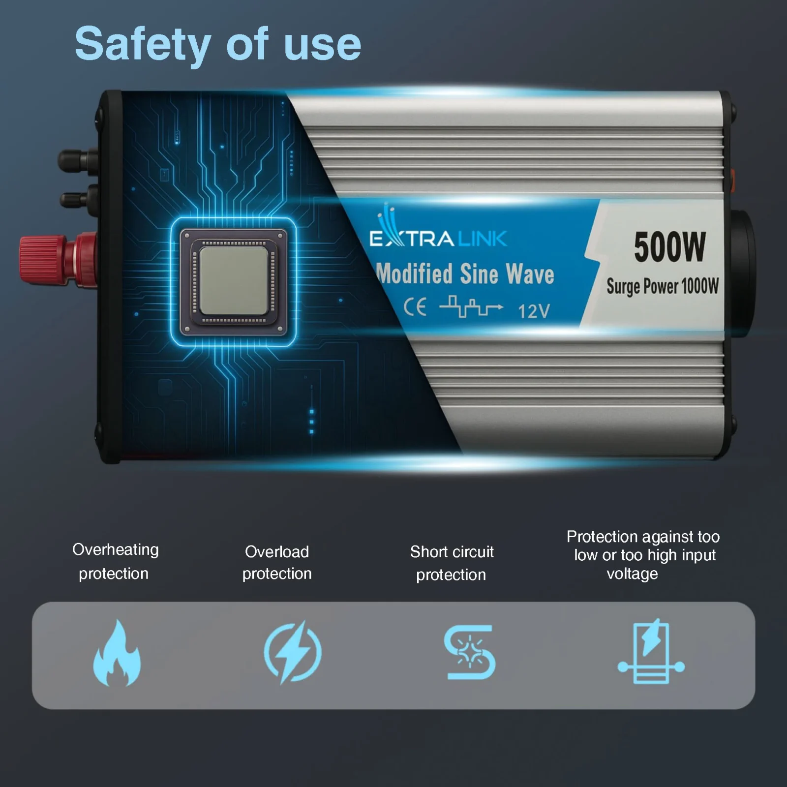 EXTRALINK CAR VOLTAGE CONVERTER 12V - 230V, 500W, MODIFIED SINE OPIM-500W