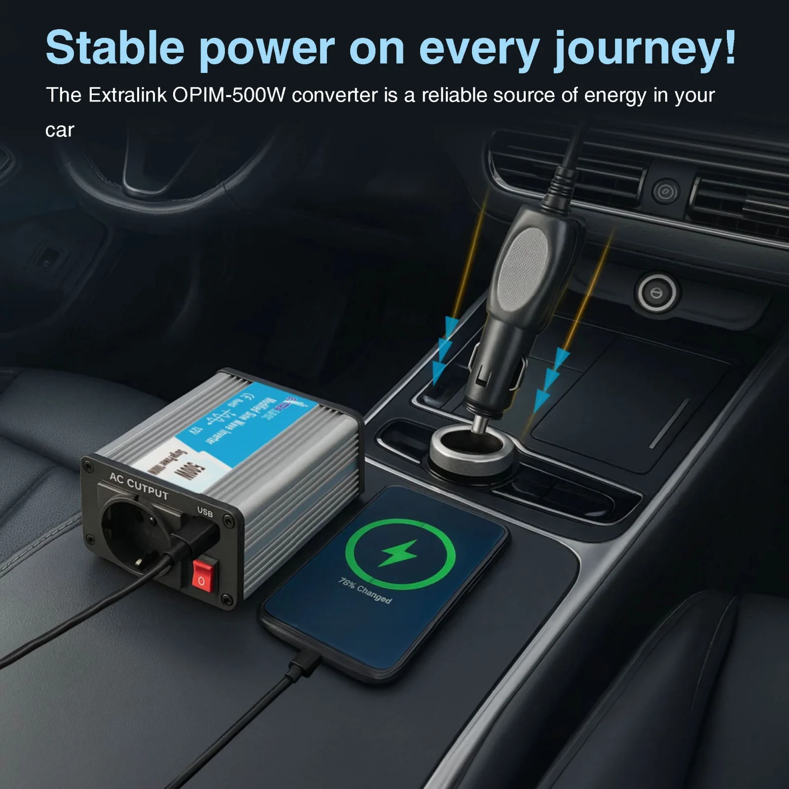 EXTRALINK CAR VOLTAGE CONVERTER 12V - 230V, 500W, MODIFIED SINE OPIM-500W