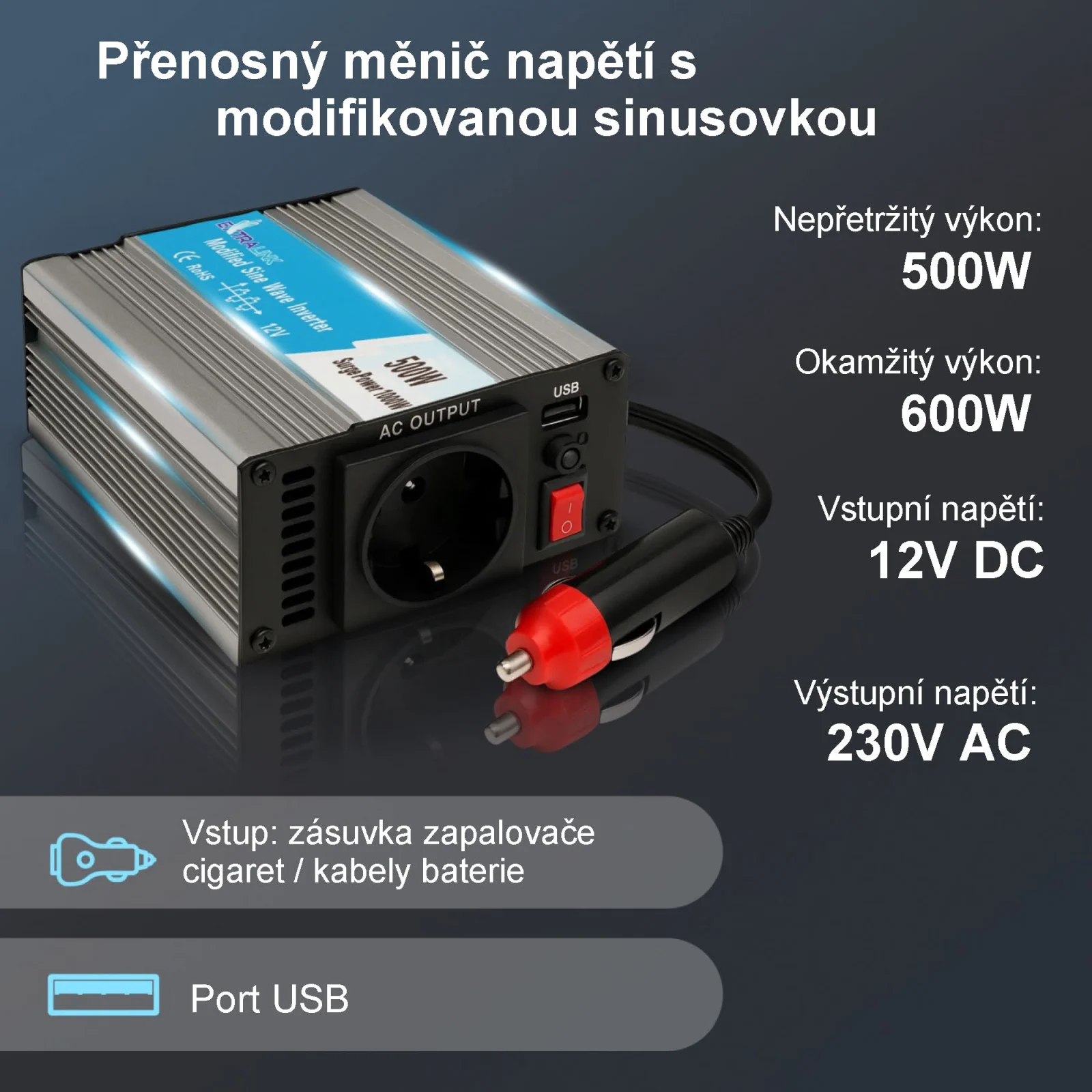 EXTRALINK AUTOMĚNIČ NAPĚTÍ 12V - 230V, 500W, MODIFIKOVANÝ SINUS OPIM-500W