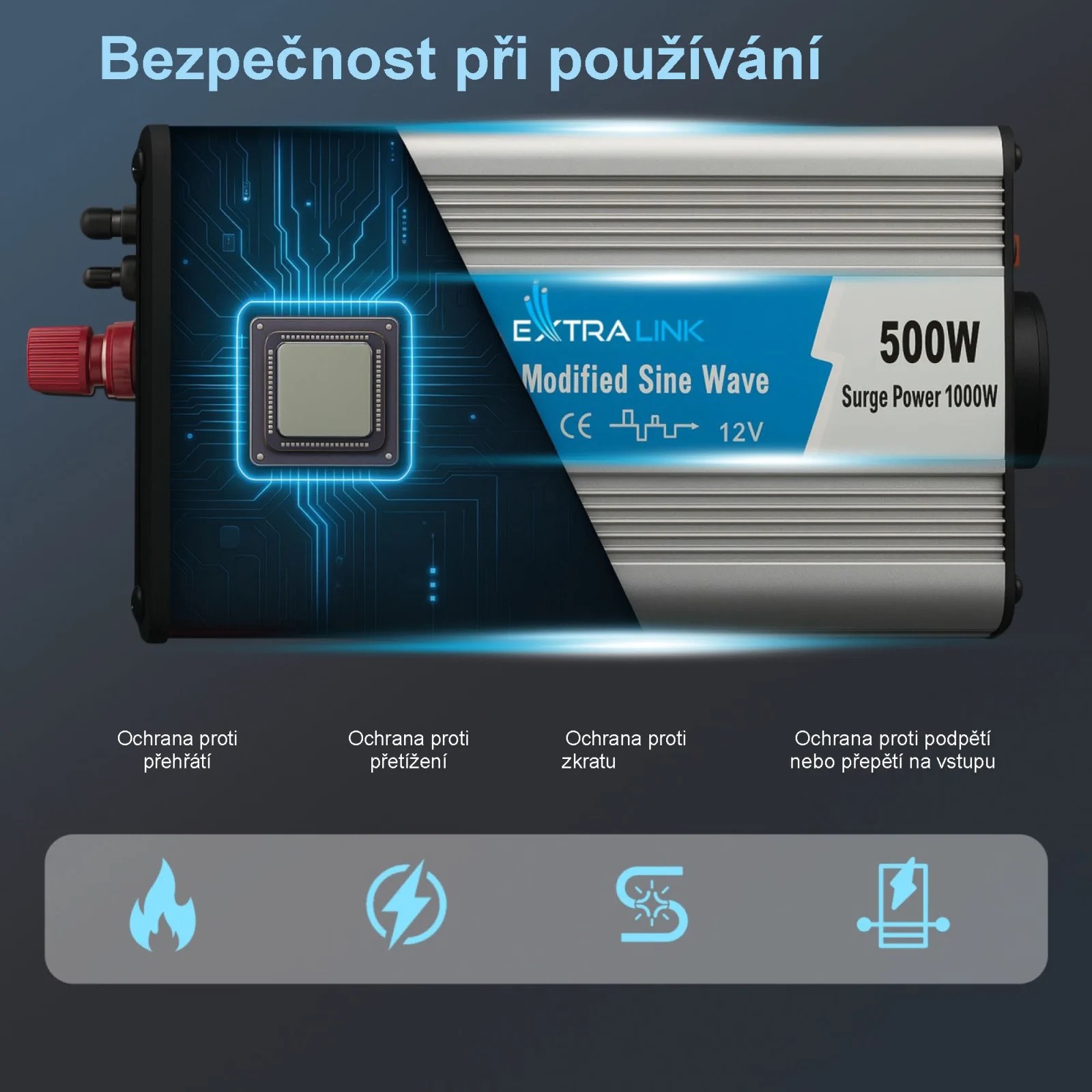 EXTRALINK AUTOMĚNIČ NAPĚTÍ 12V - 230V, 500W, MODIFIKOVANÝ SINUS OPIM-500W