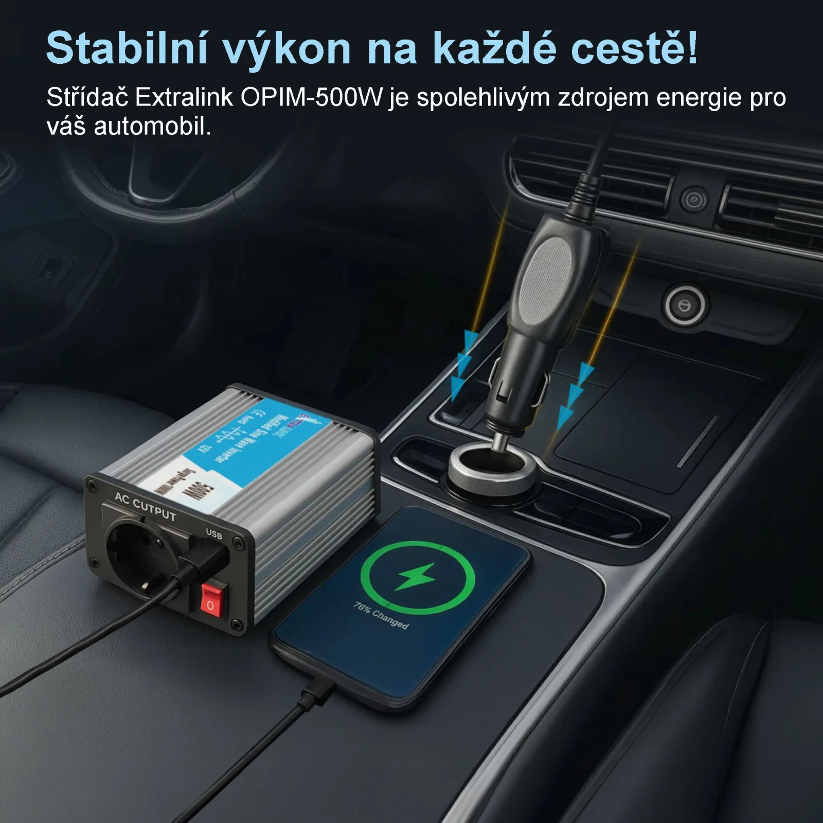 EXTRALINK AUTOMĚNIČ NAPĚTÍ 12V - 230V, 500W, MODIFIKOVANÝ SINUS OPIM-500W