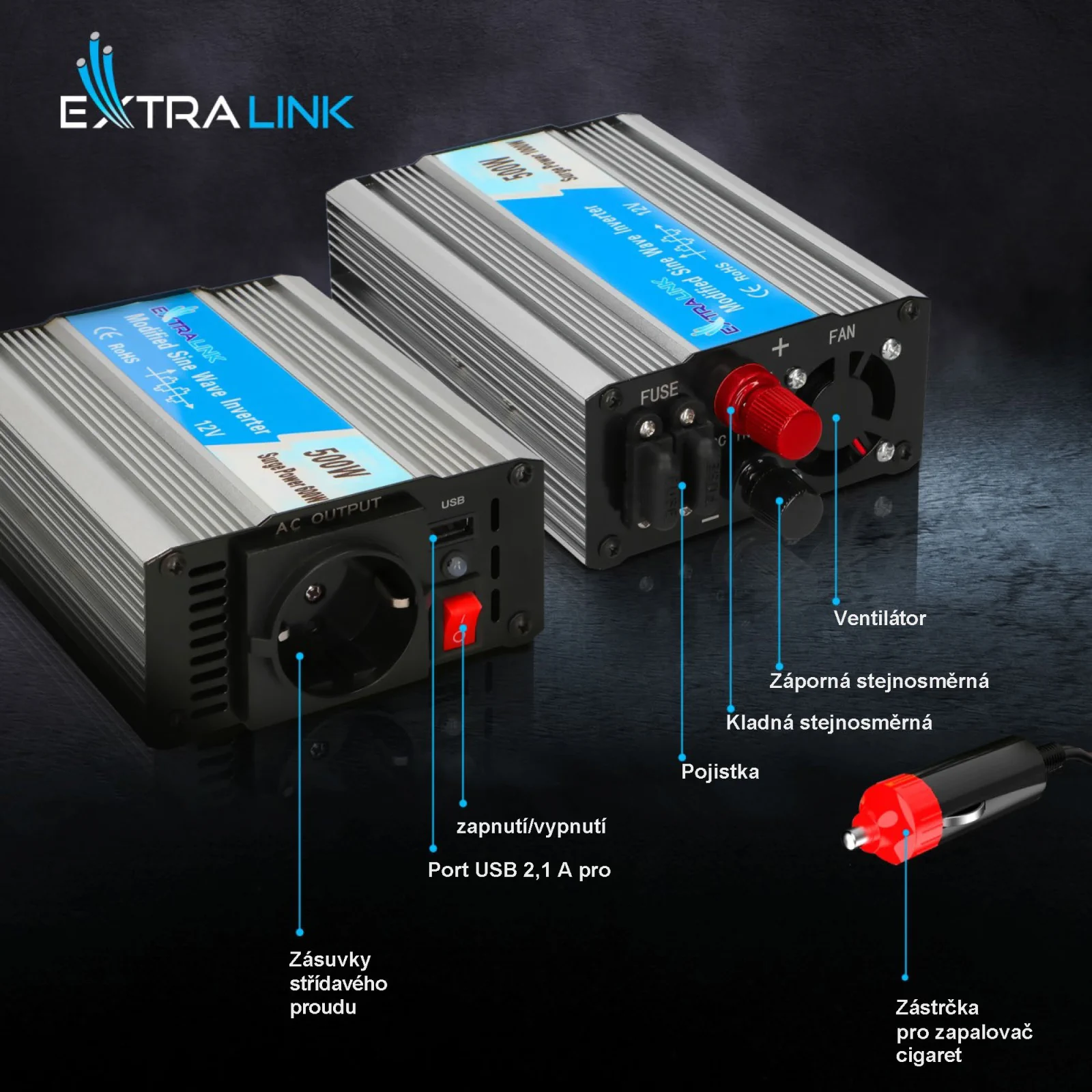 Extralink OPIM-500W | Měnič napětí | automobilový 12V, 500W modifikovaná sinusovka