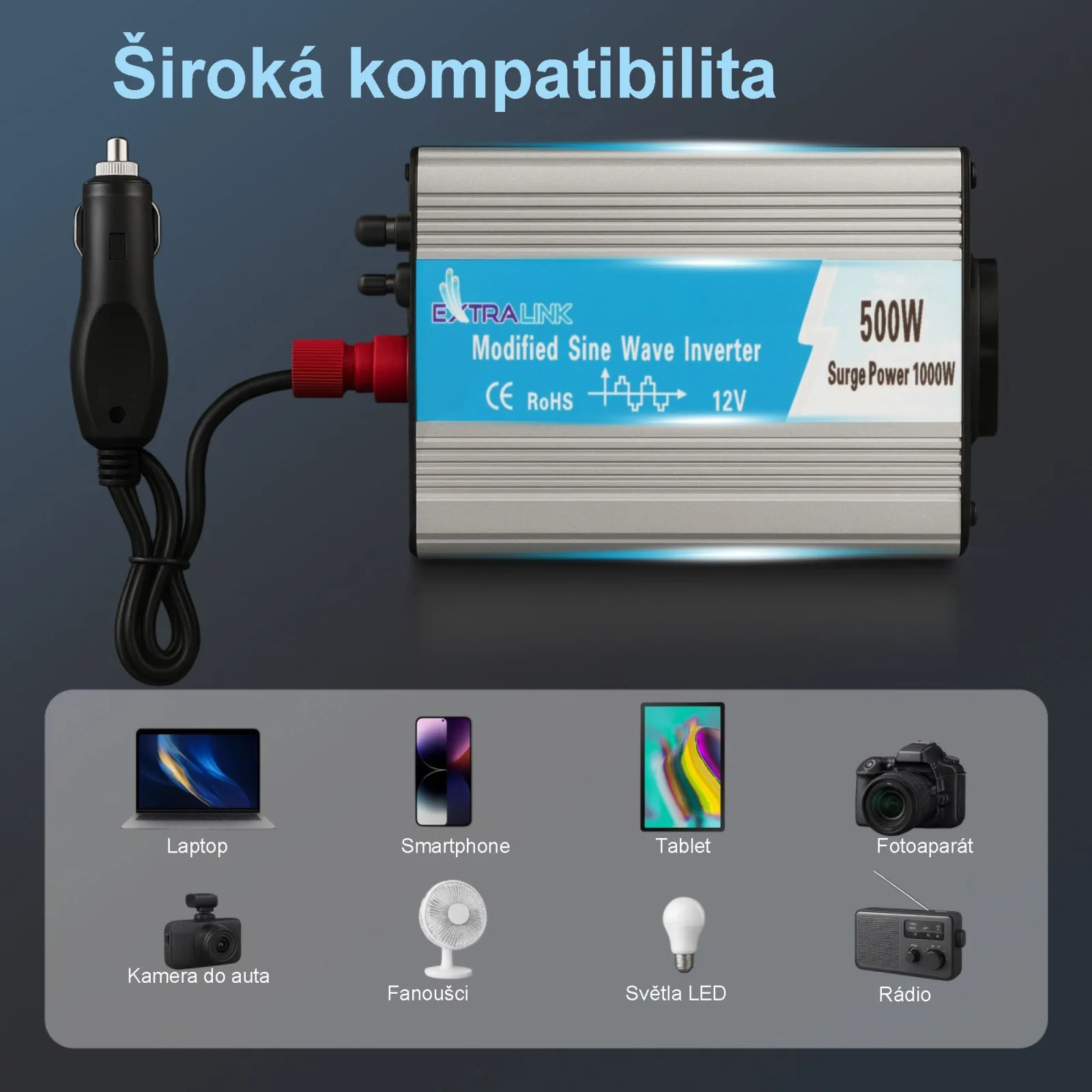 Extralink OPIM-500W | Měnič napětí | automobilový 12V, 500W modifikovaná sinusovka