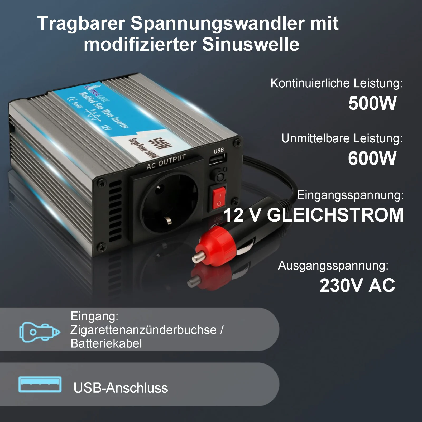EXTRALINK AUTOSPANNUNGSWANDLER 12V - 230V, 500W, MODIFIZIERTER SINUS OPIM-500W