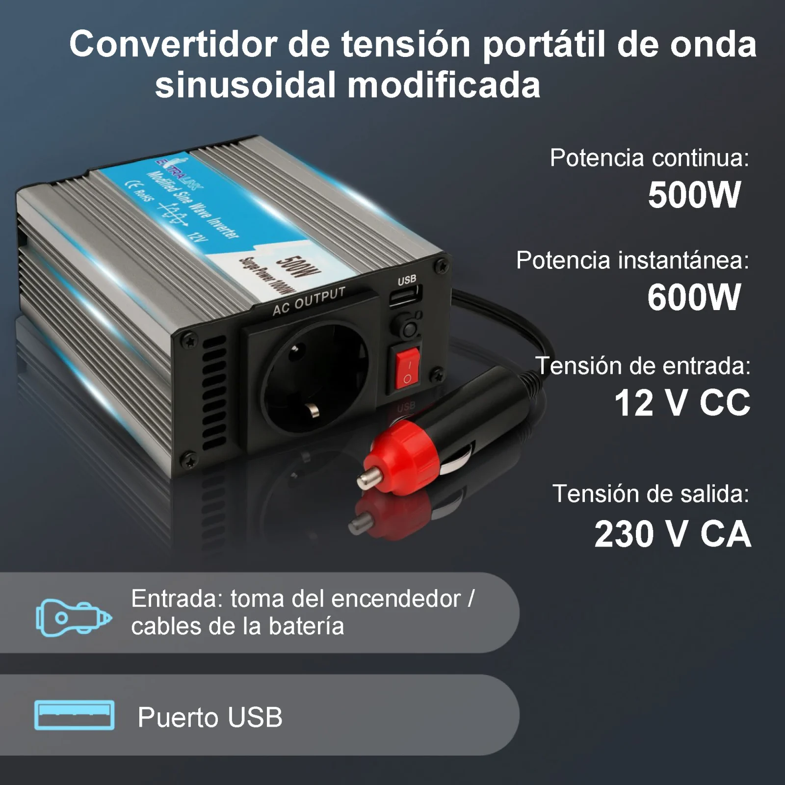 EXTRALINK CONVERTIDOR DE VOLTAJE PARA COCHE 12V - 230V, 500W, OPIM-500W SINUSOIDAL MODIFICADO