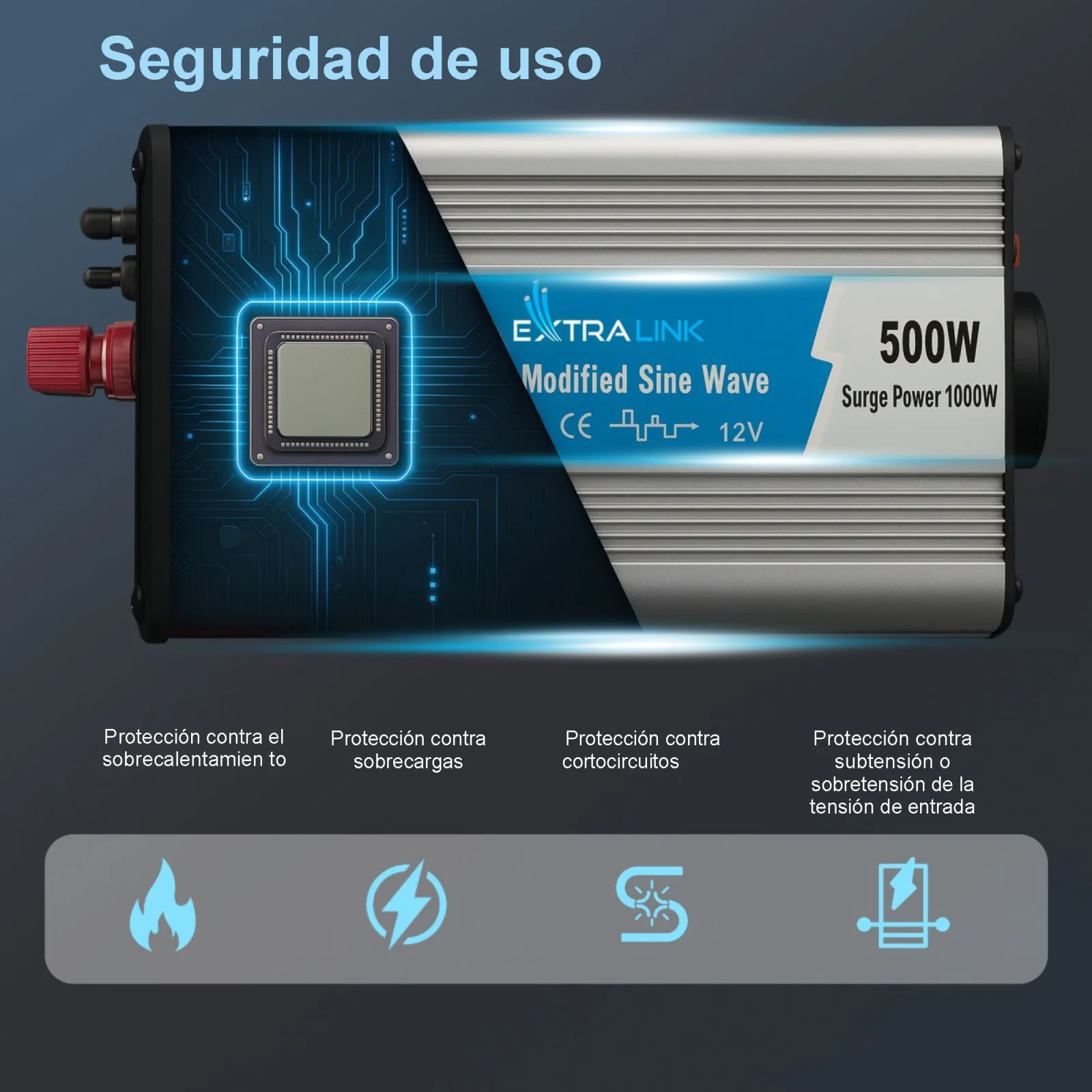EXTRALINK CONVERTIDOR DE VOLTAJE PARA COCHE 12V - 230V, 500W, OPIM-500W SINUSOIDAL MODIFICADO