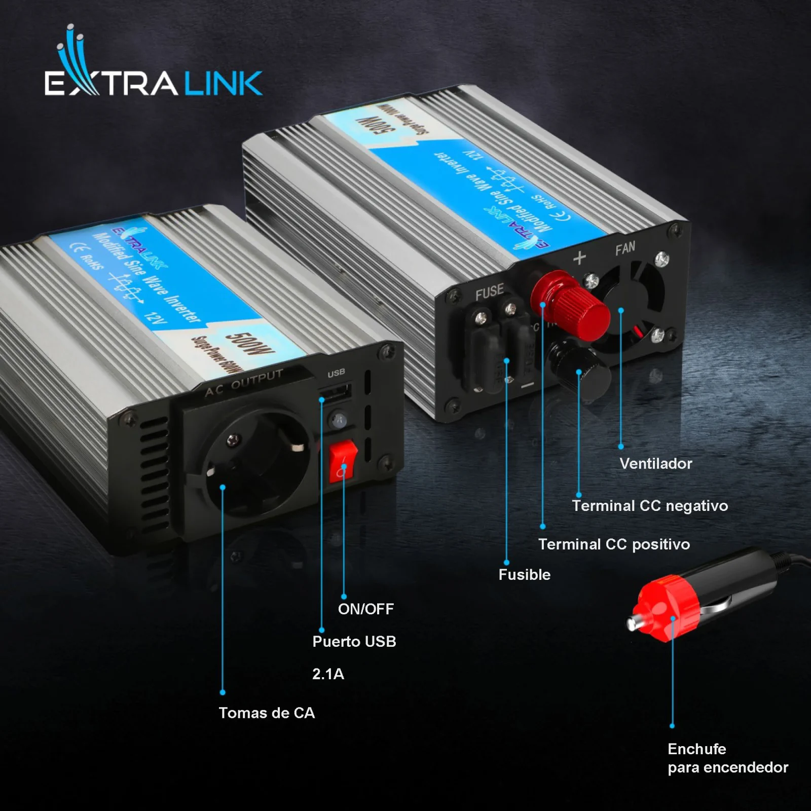 Extralink OPIM-500W | Convertidor de tensión | automoción 12V, 500W onda sinusoidal modificada