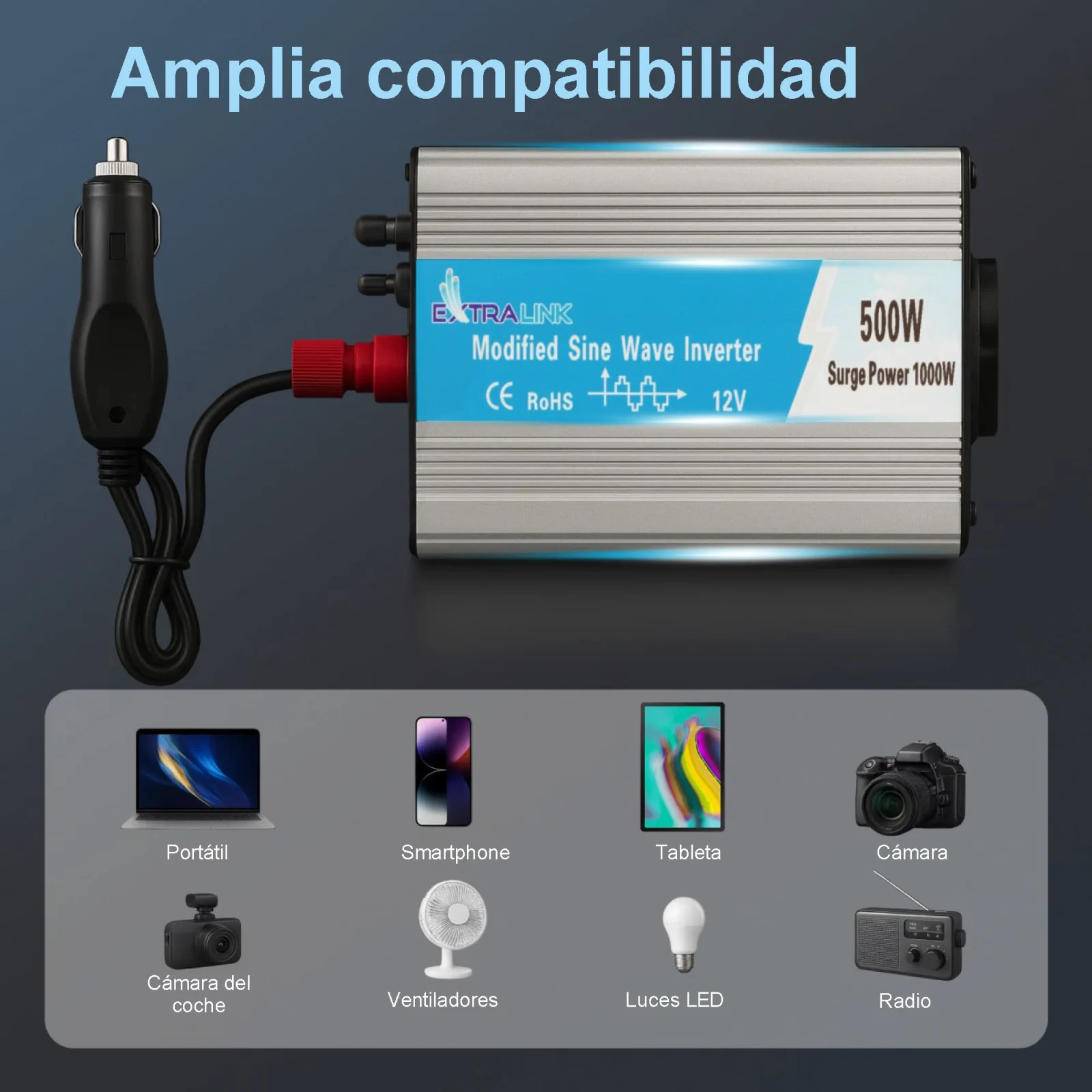 Extralink OPIM-500W | Convertidor de tensión | automoción 12V, 500W onda sinusoidal modificada