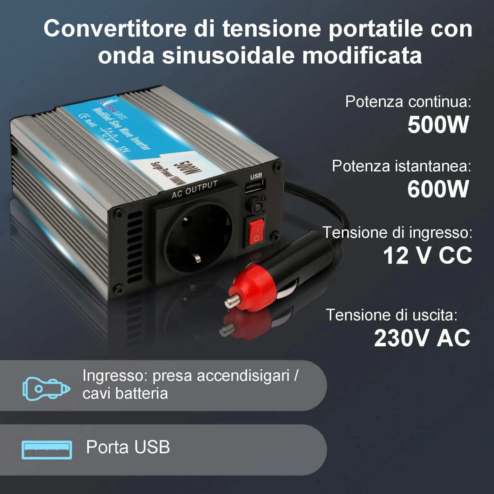CONVERTITORE DI TENSIONE PER AUTO EXTRALINK 12V - 230V, 500W, SINUSOIDALE MODIFICATO OPIM-500W