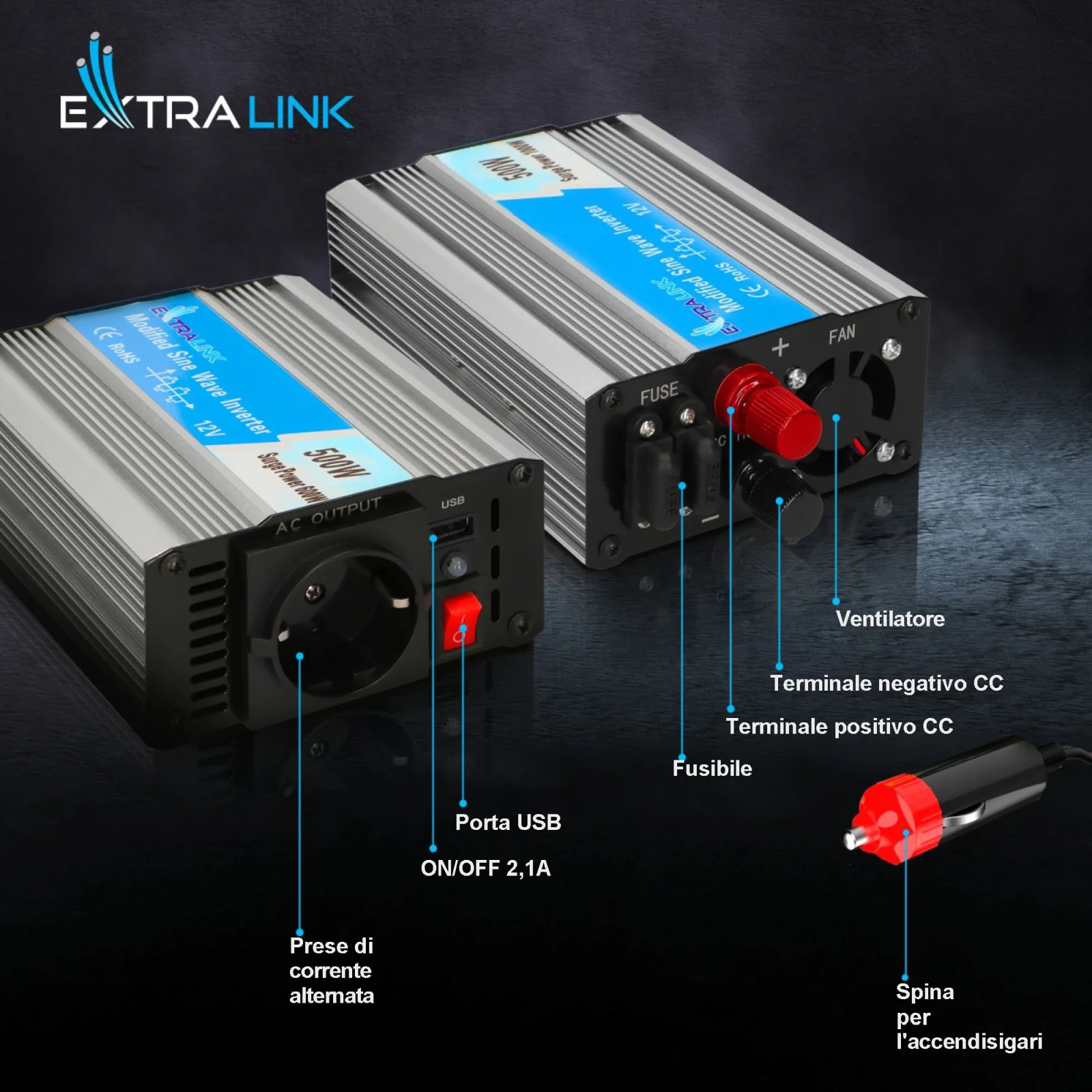 Extralink OPIM-500W | Convertitore di tensione | automotive 12V, 500W onda sinusoidale modificata