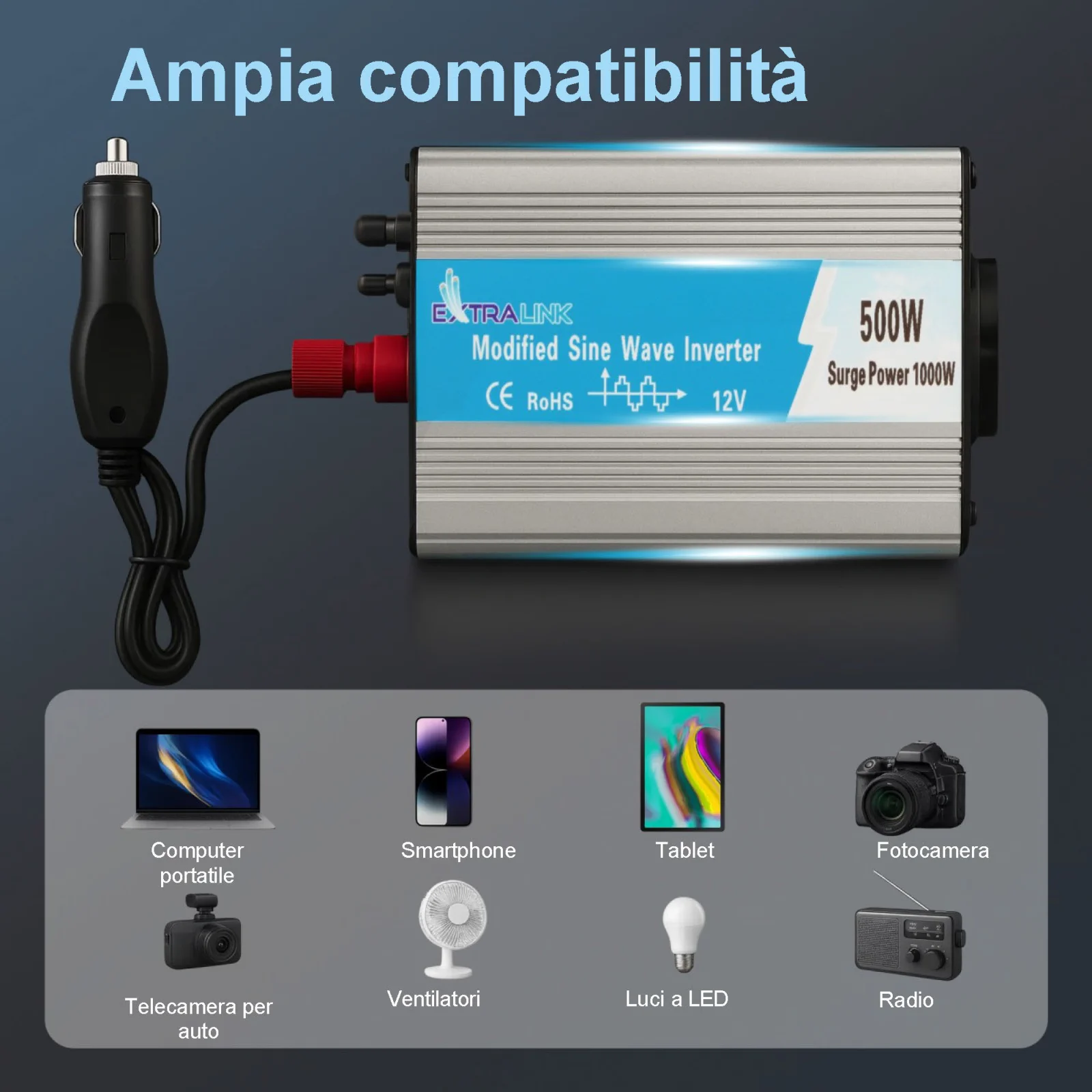 Extralink OPIM-500W | Convertitore di tensione | automotive 12V, 500W onda sinusoidale modificata