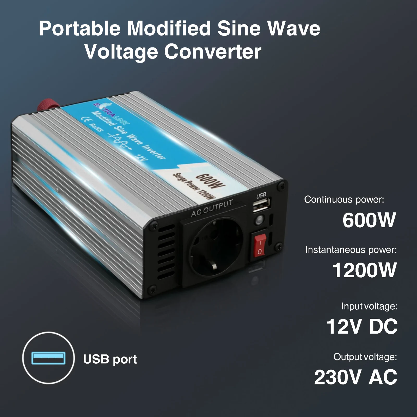 EXTRALINK VOLTAGE CONVERTER 12V - 230V, 600W, MODIFIED SINUS OPIM-600W