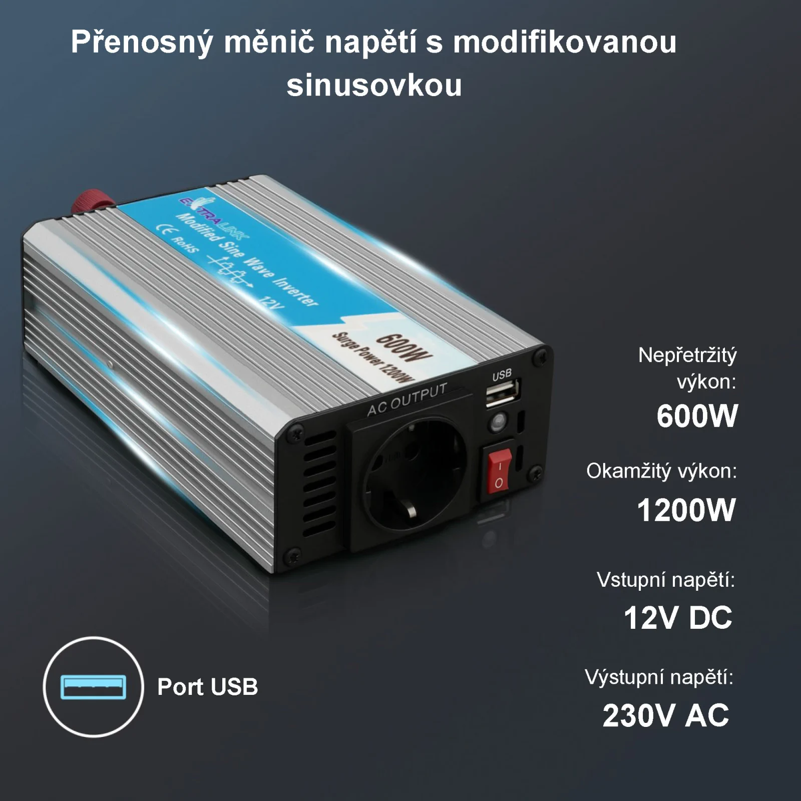 EXTRALINK MĚNIČ NAPĚTÍ 12V - 230V, 600W, MODIFIKOVANÁ SINUSOVKA OPIM-600W