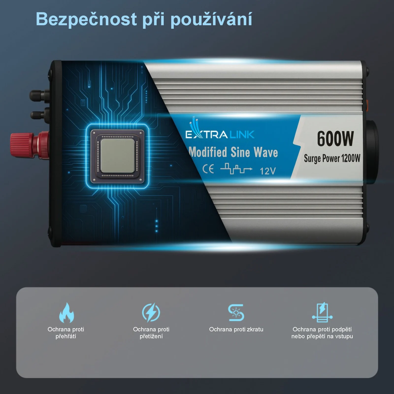 EXTRALINK MĚNIČ NAPĚTÍ 12V - 230V, 600W, MODIFIKOVANÁ SINUSOVKA OPIM-600W