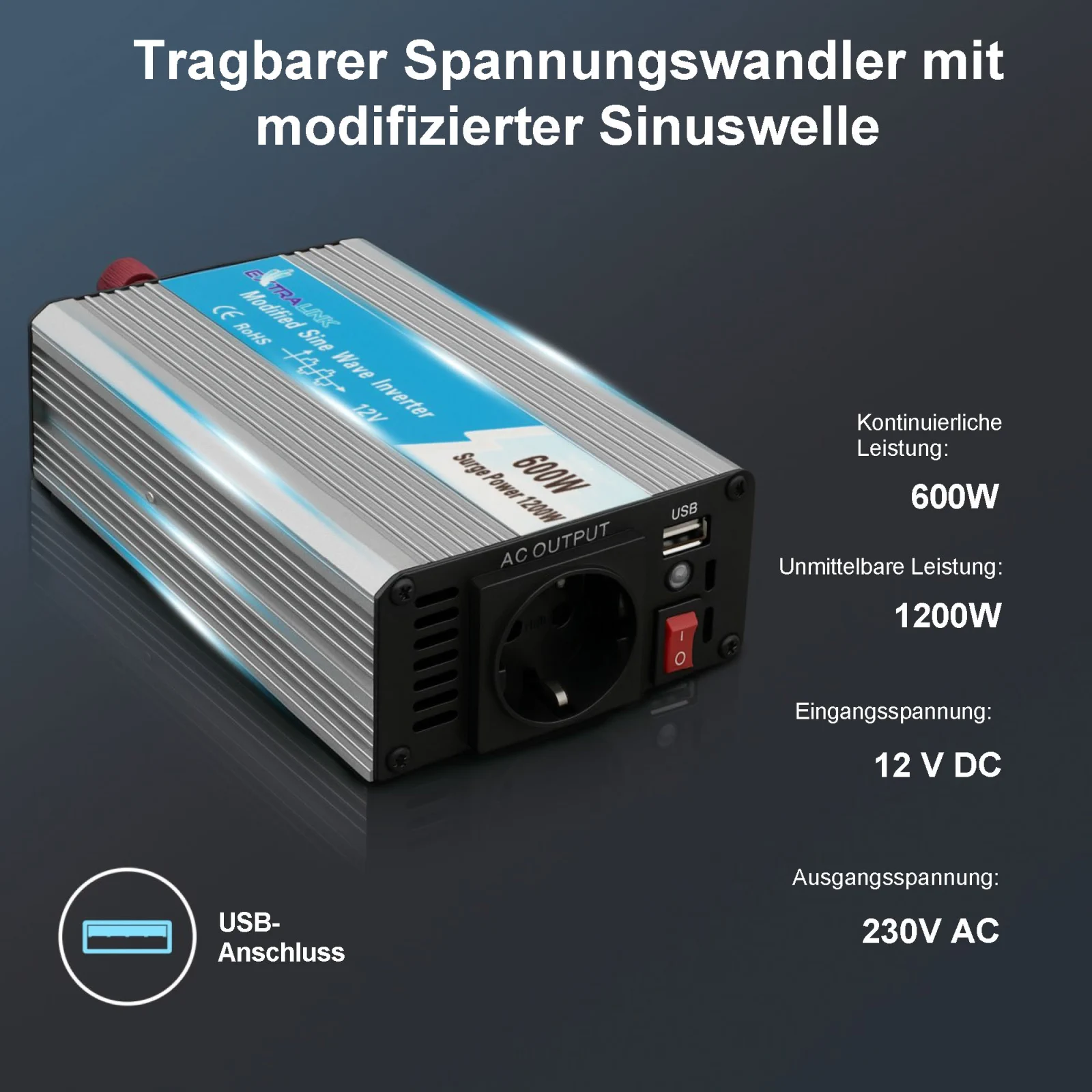EXTRALINK SPANNUNGSWANDLER 12V - 230V, 600W, MODIFIZIERTER SINUS OPIM-600W