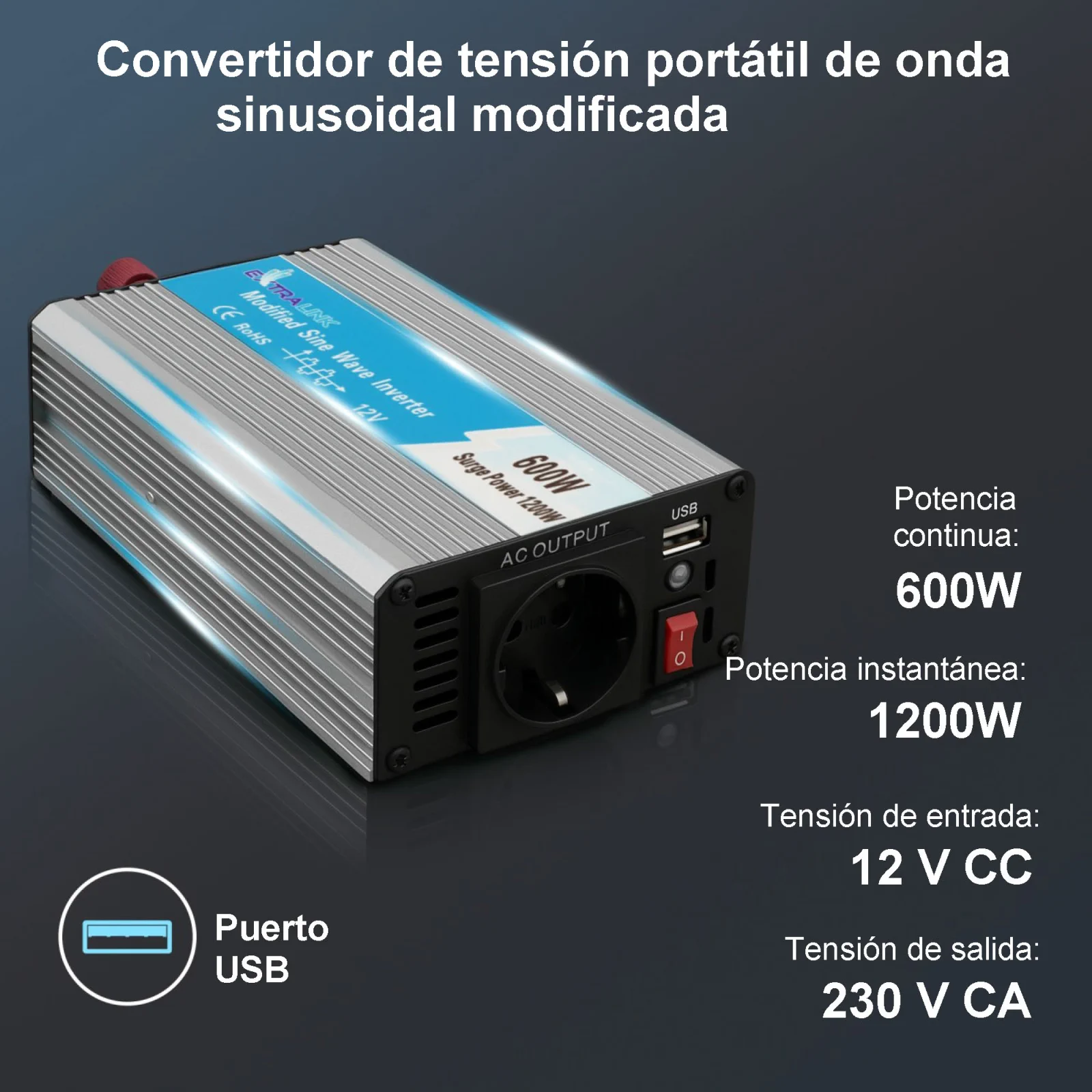 CONVERTIDOR DE TENSIÓN EXTRALINK 12V - 230V, 600W, SINUSOIDAL MODIFICADO OPIM-600W