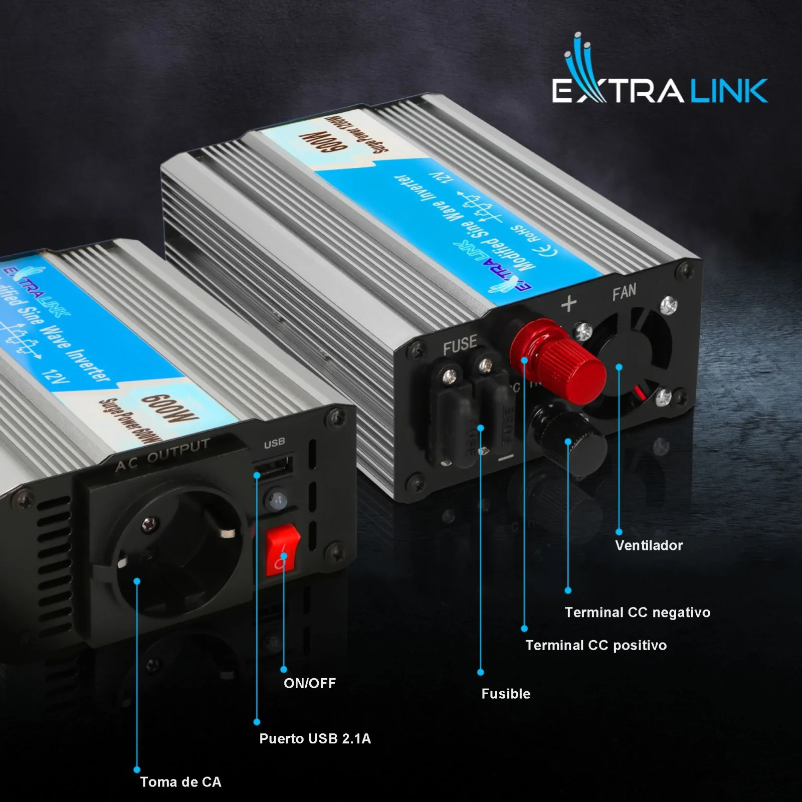 Extralink OPIM-600W | Convertidor de tensión | automoción 12V, 600W onda sinusoidal modificada