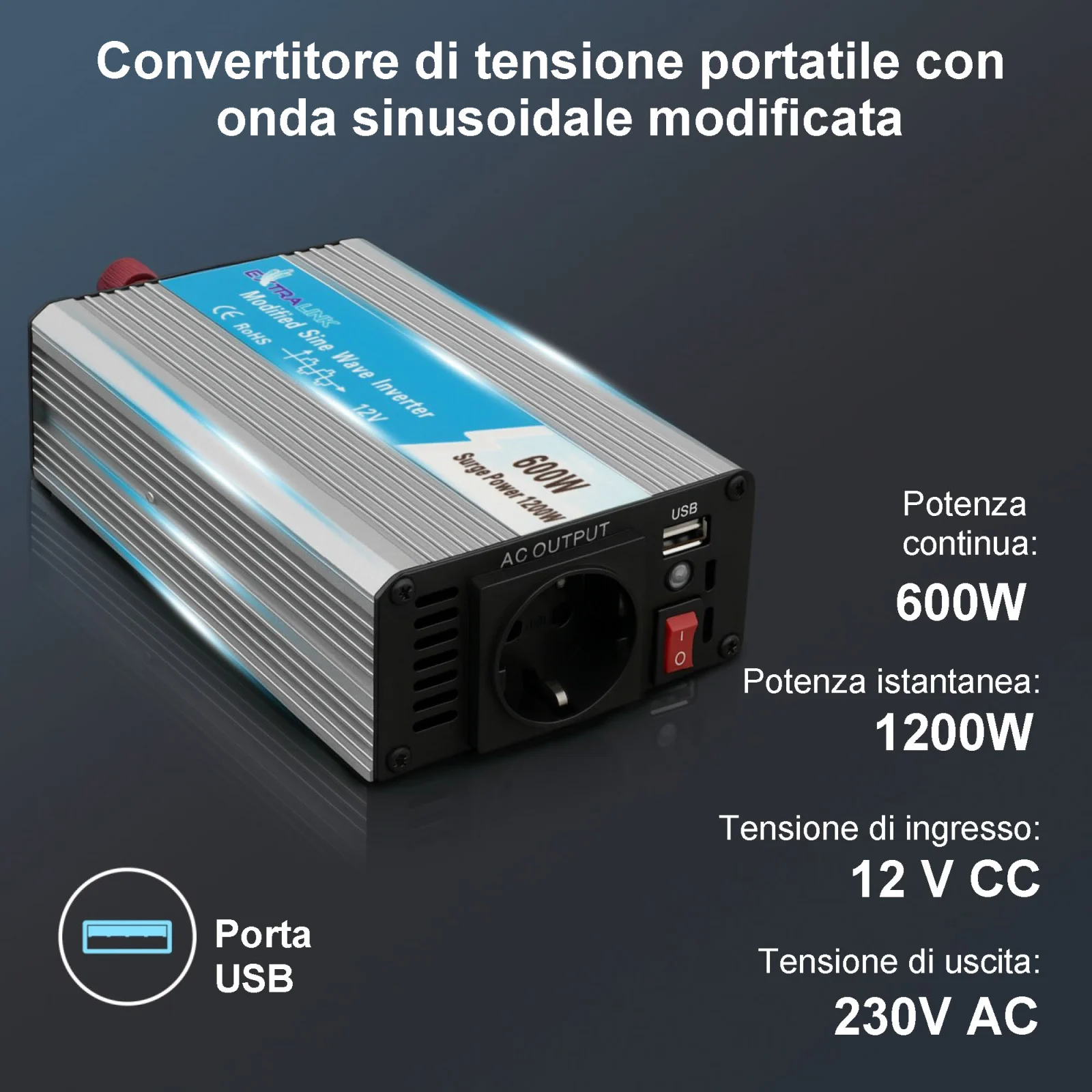 CONVERTITORE DI TENSIONE EXTRALINK 12V - 230V, 600W, SINUSOIDALE MODIFICATO OPIM-600W