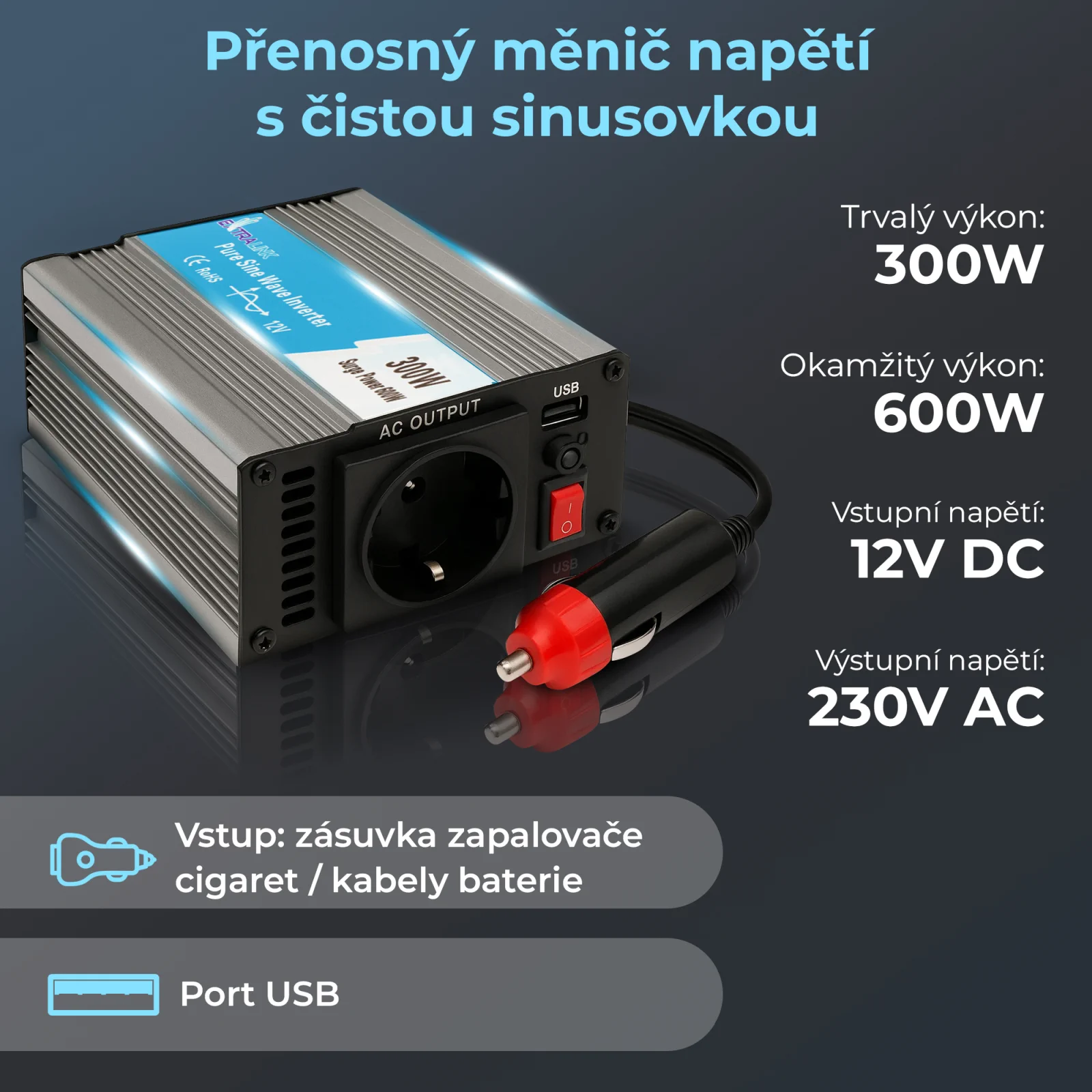 EXTRALINK MĚNIČ NAPĚTÍ DO AUTA 12V - 230V, 300W, PURE SINUS OPIP-300W