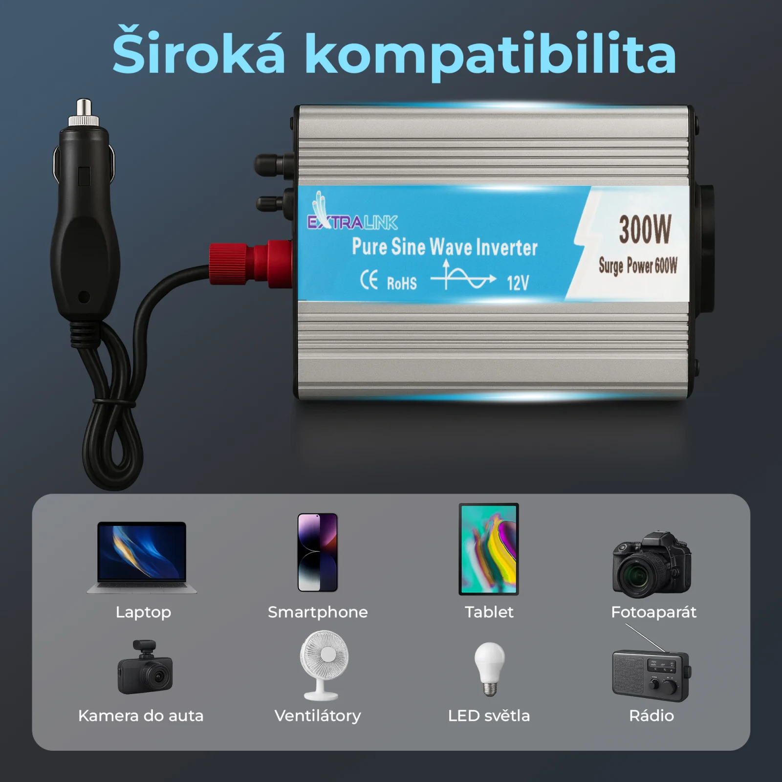 Extralink OPIP-300W | Měnič napětí | automobilový 12V, 300W čistá sinusovka