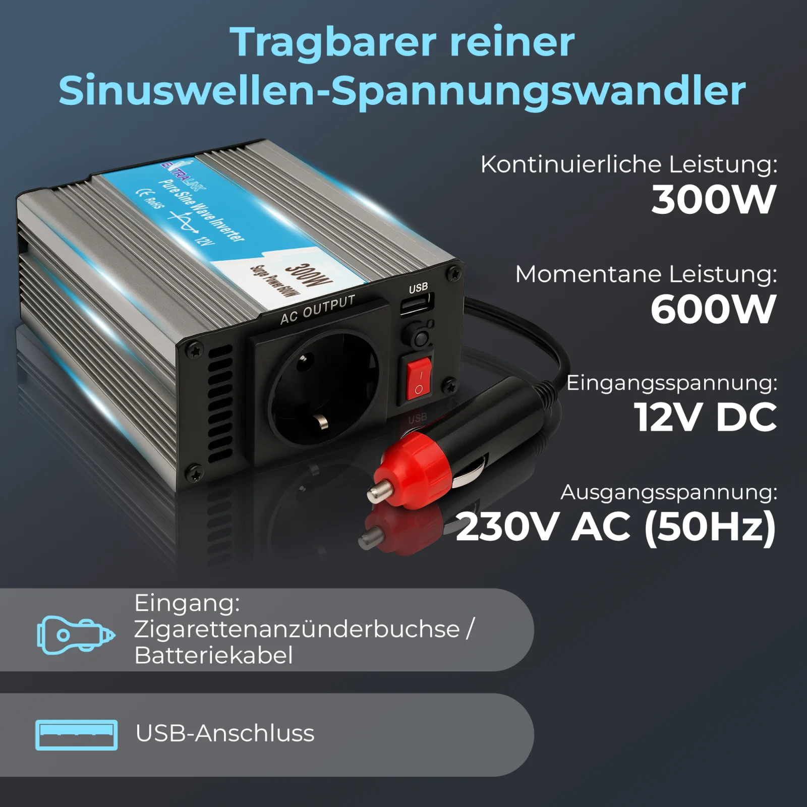 EXTRALINK AUTOSPANNUNGSWANDLER 12V - 230V, 300W, REINER SINUS OPIP-300W